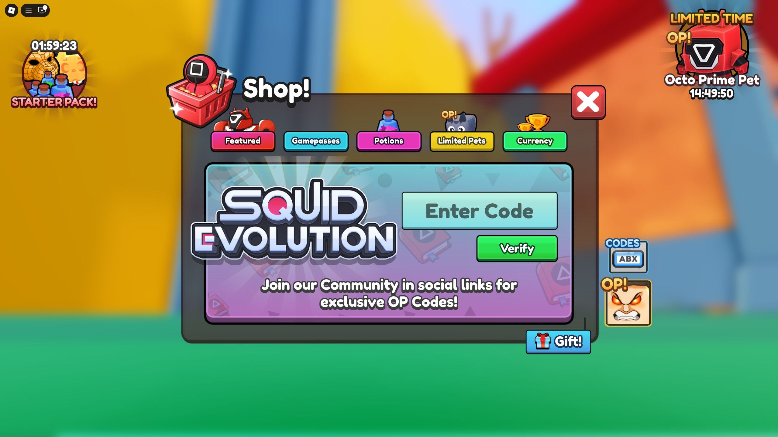 the codes box in Squid Evolution on Roblox