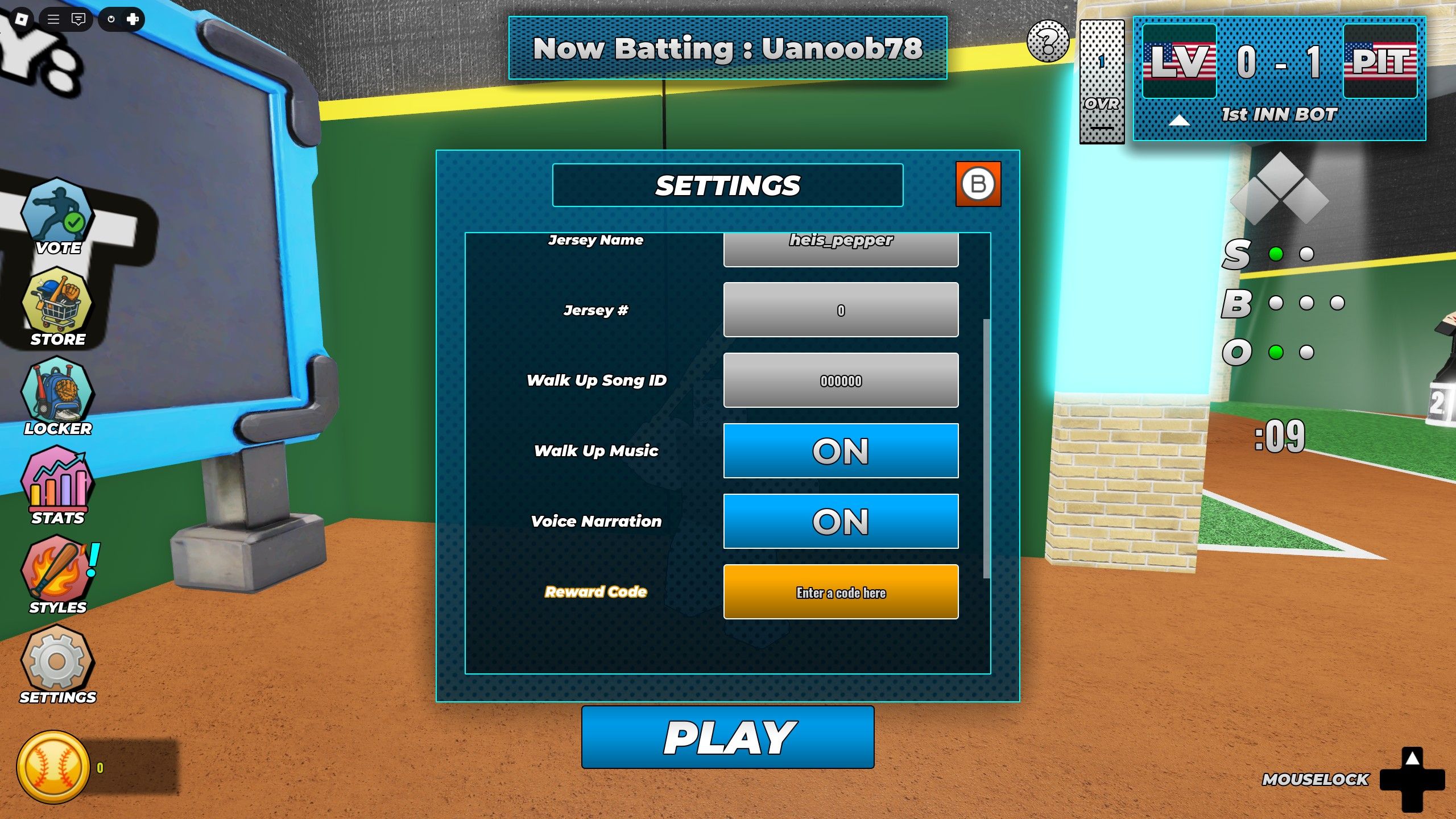 the settings menu in Superstar Baseball on Roblox