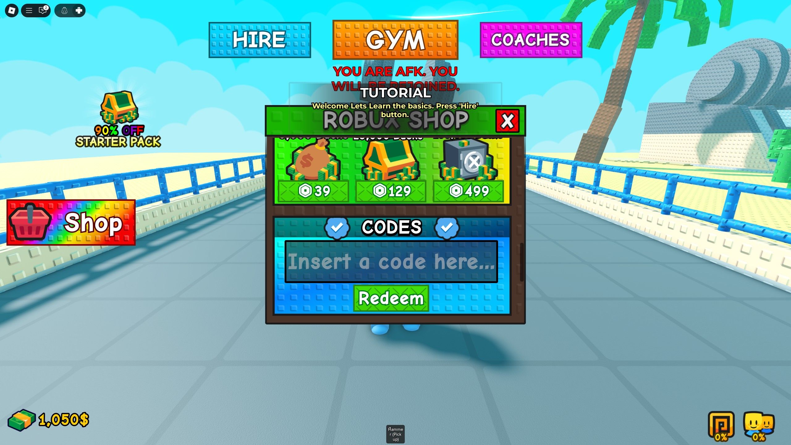 the codes box in Grow a GYM on Roblox