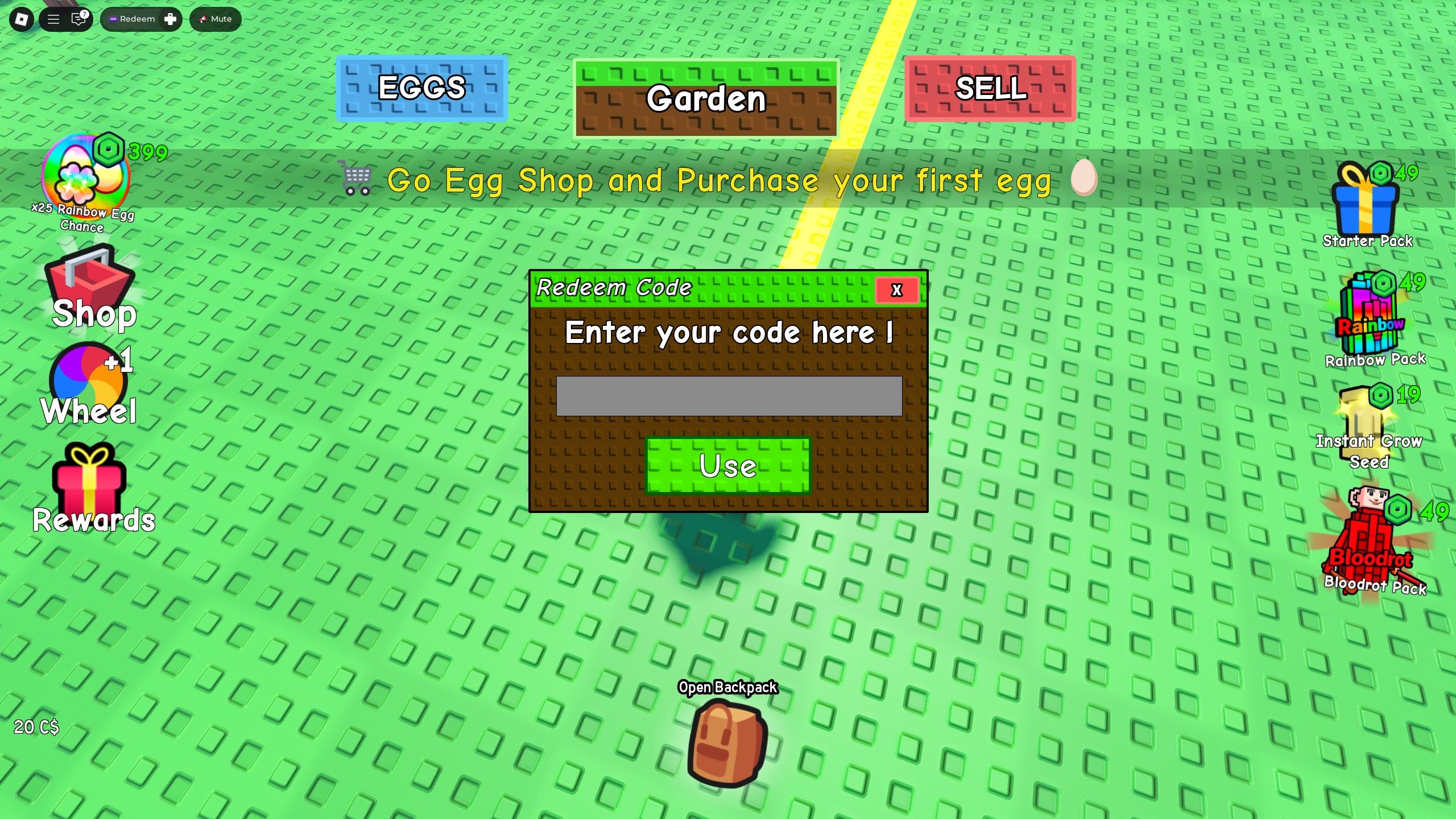 the codes box in Grow An Egg on Roblox