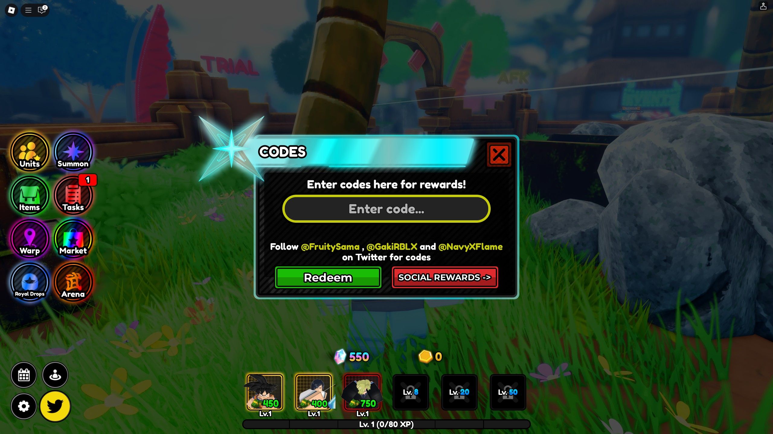 the codes box in All Star Tower Defense X on Roblox