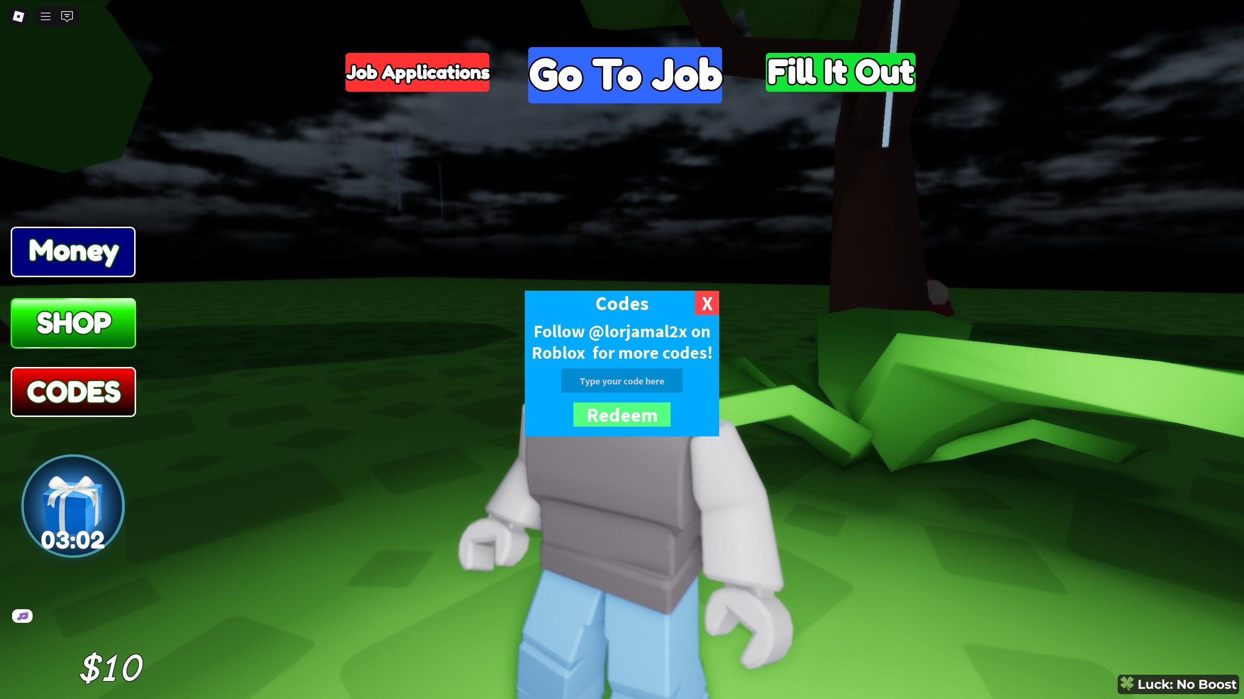the codes box in Grow A Job Application on Roblox
