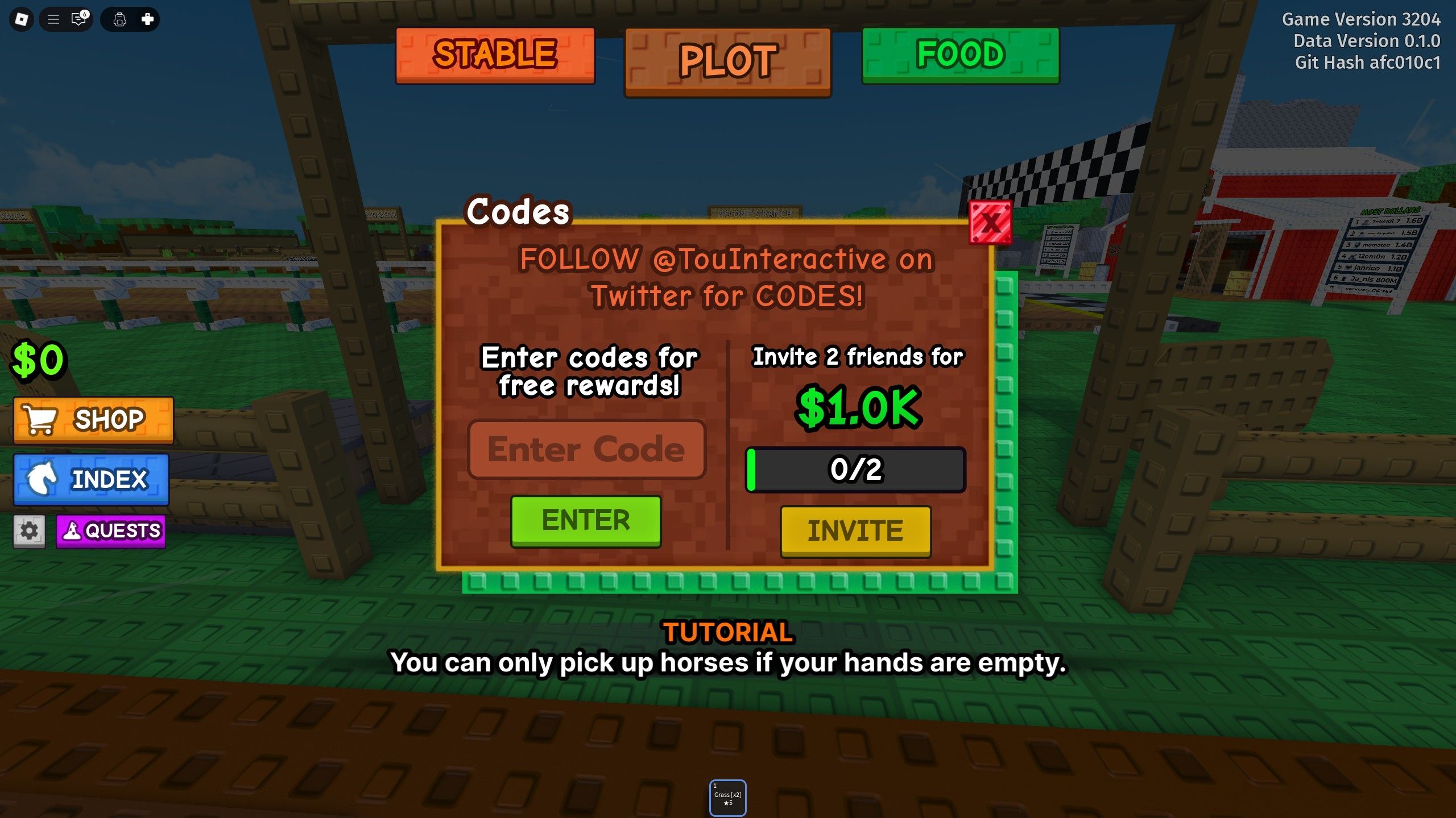 the codes box in Horse RNG on Roblox