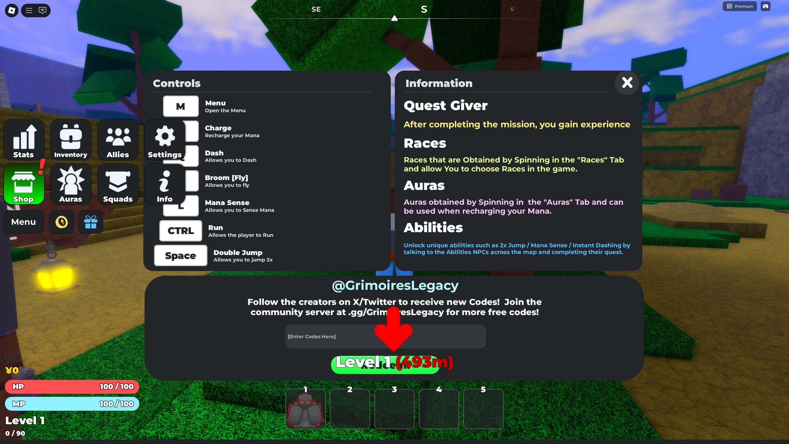 the codes box in Grimoires Legacy on Roblox