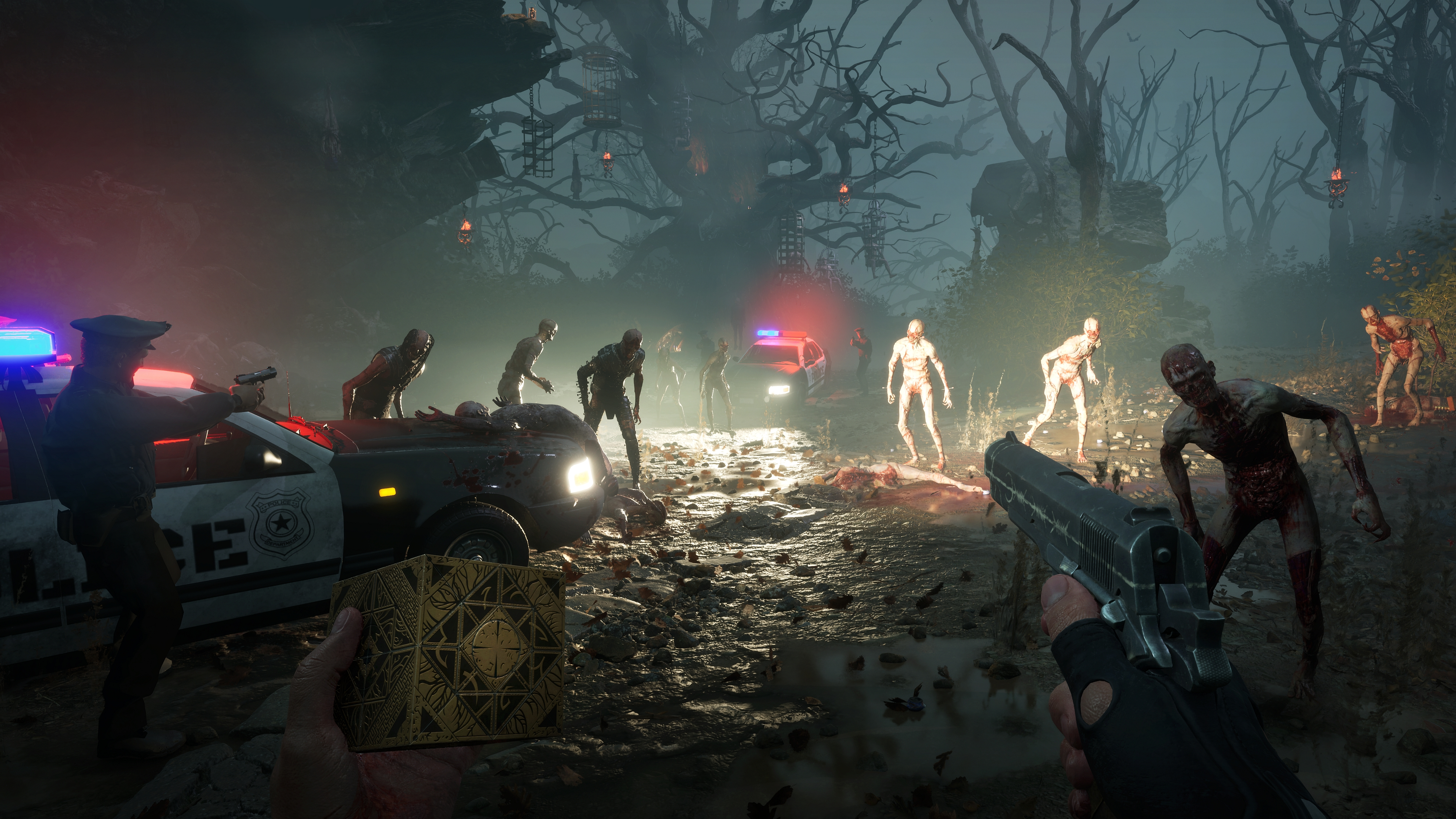 A screenshot of Aidan using a gun and the Genesis Configuration in Hellraiser: Revival.