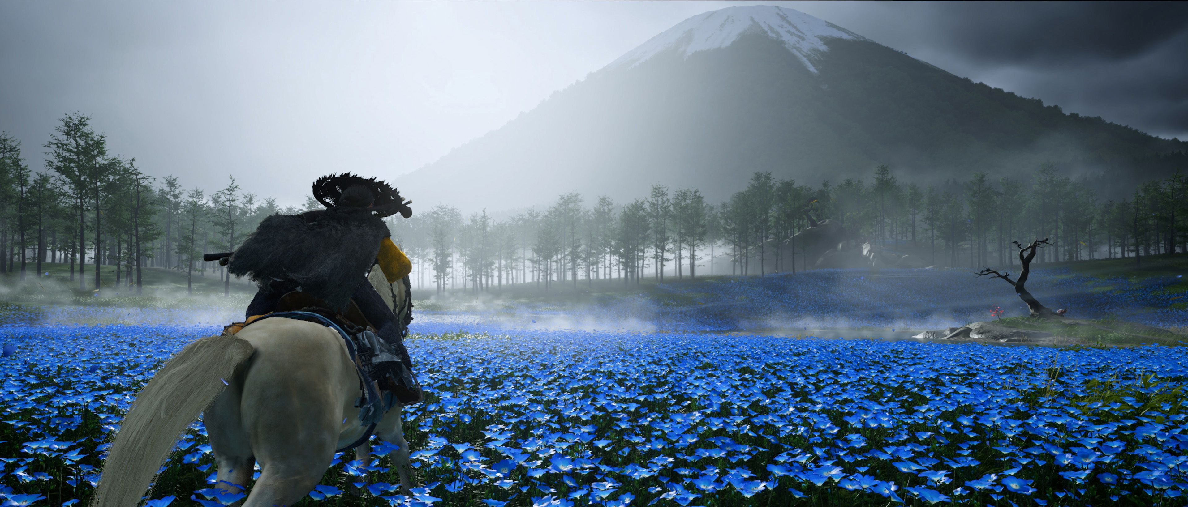 Atsu rides towards Mt Fuji while on horseback in Ghost Of Yotei.