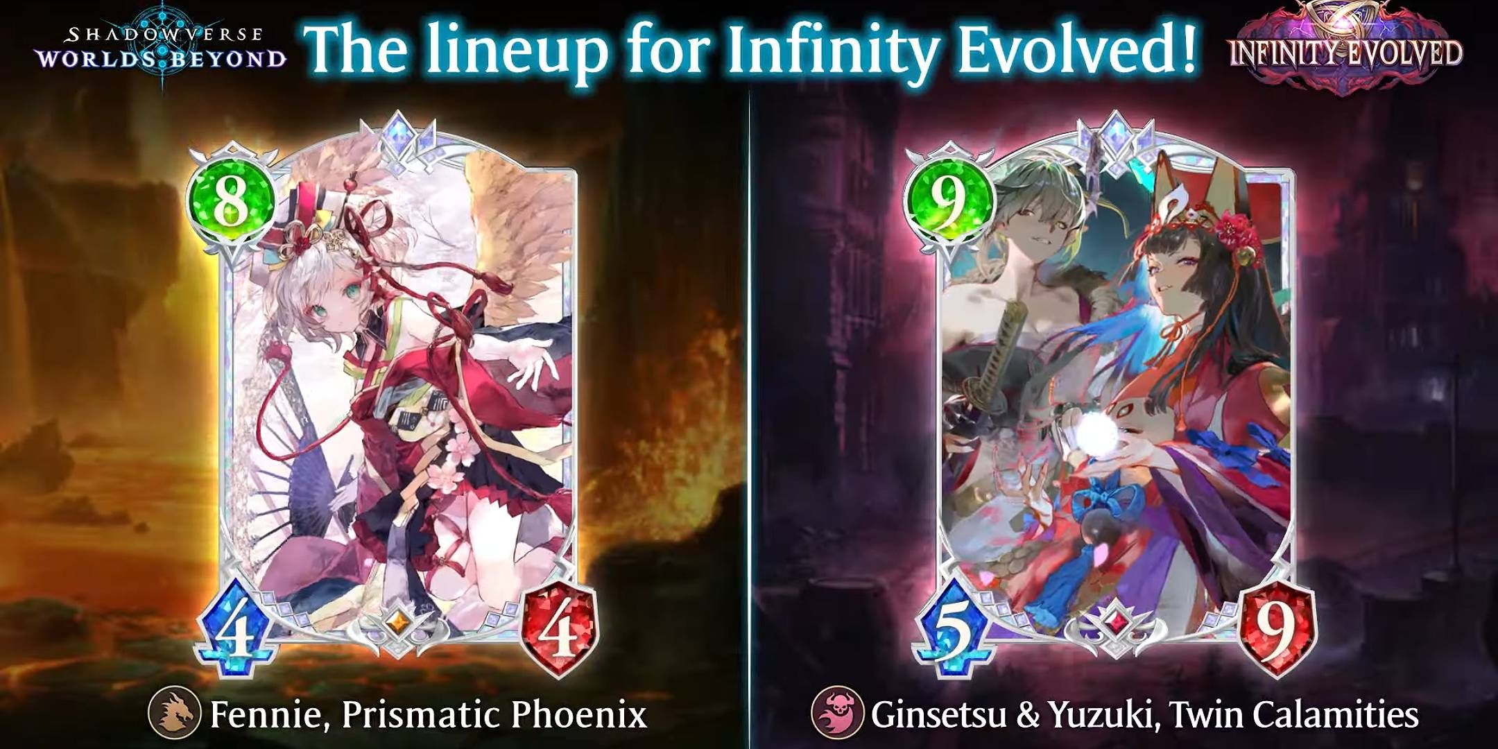 Shadowverse, two card sets, fennie prismatic phoenix and ginsetu and yuzuki.