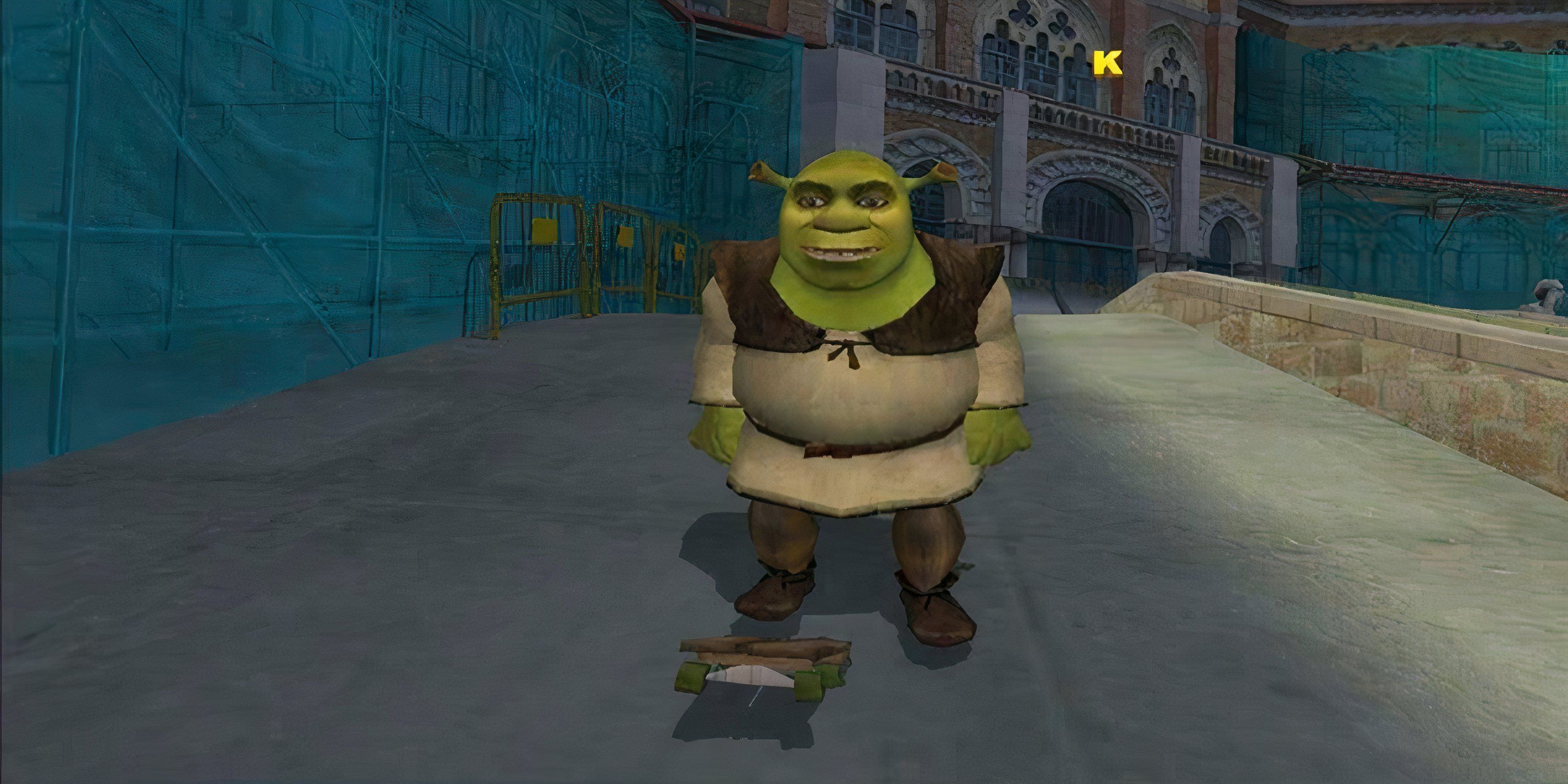 Shrek stands on a skateboard in Tony Hawk's Underground 2.