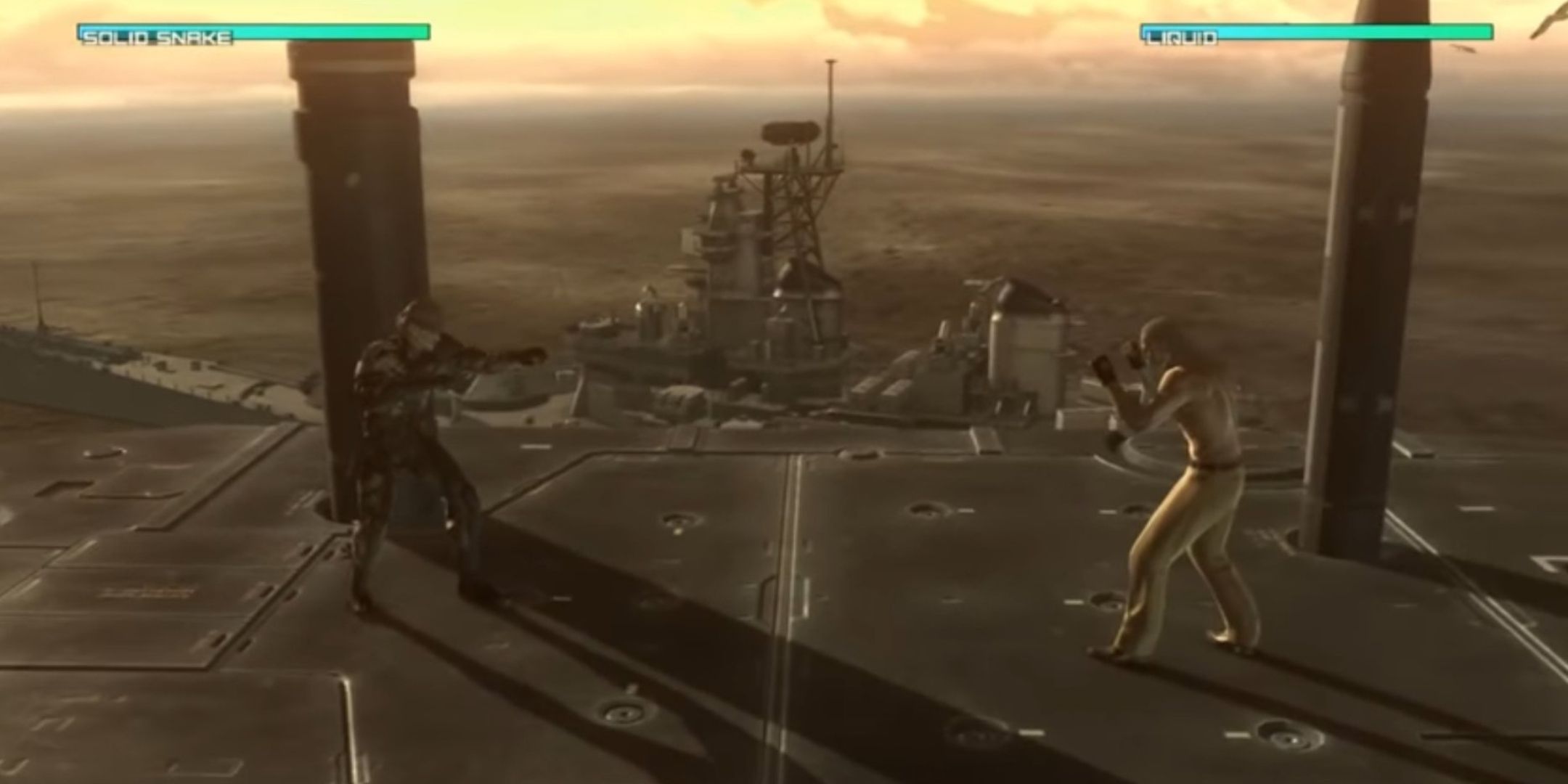 Solid Snake facing Liquid Ocelot in the final boss fight in Metal Gear Solid 4.