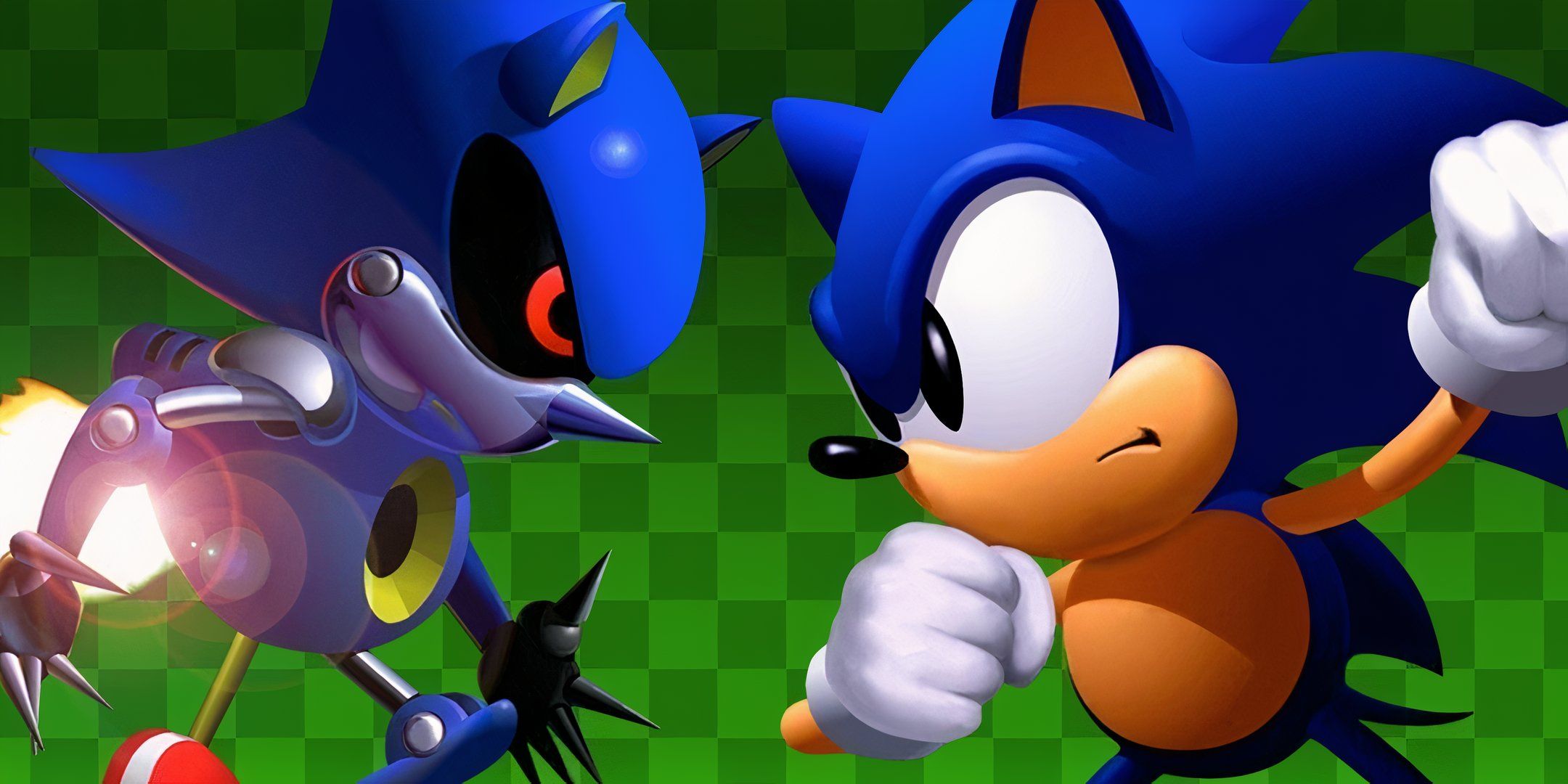 Sonic and Metal Sonic facing each other angrily on a green background.
