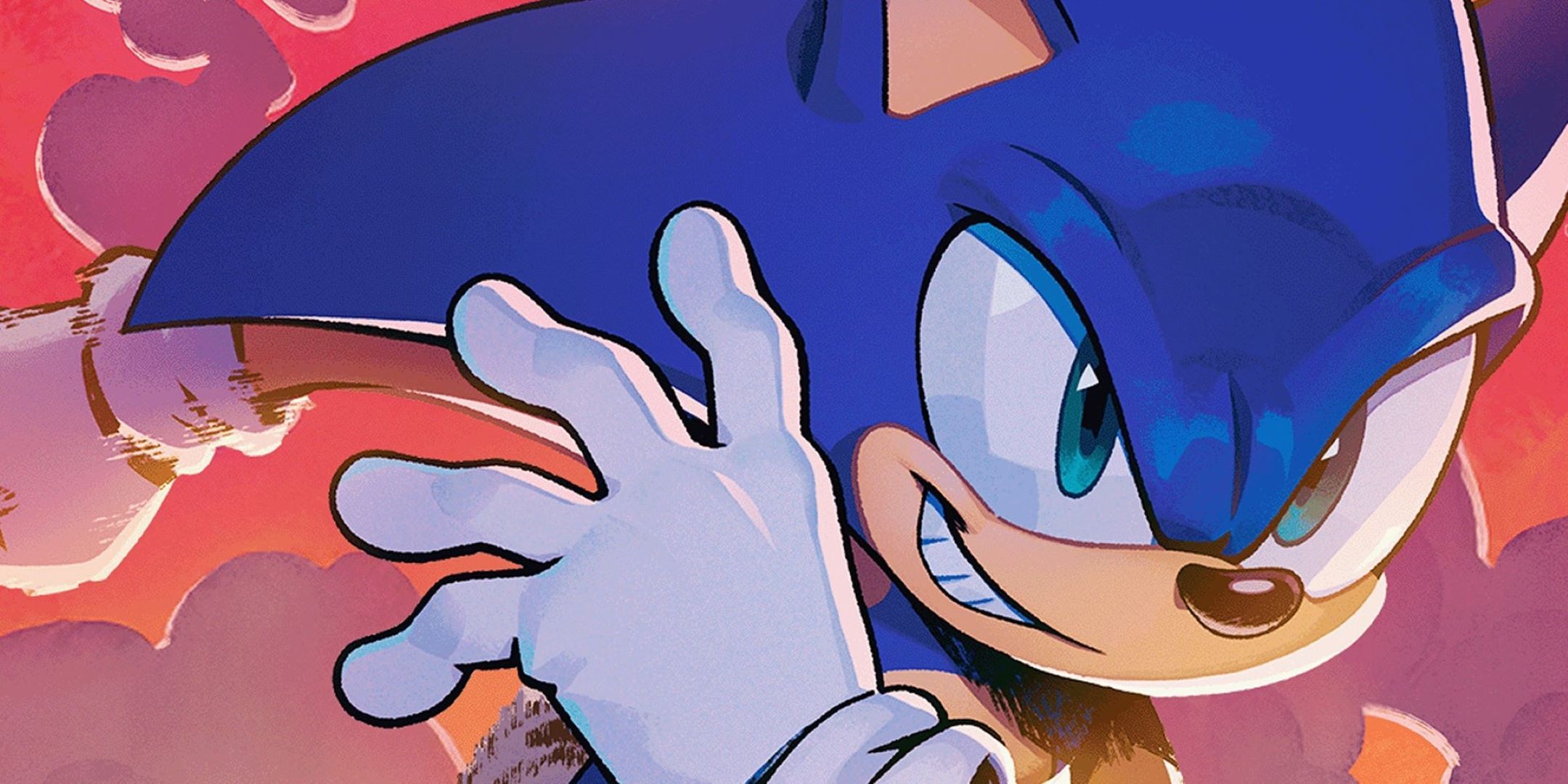 Artwork of Sonic the Hedgehog. It is a close up, and he is running.