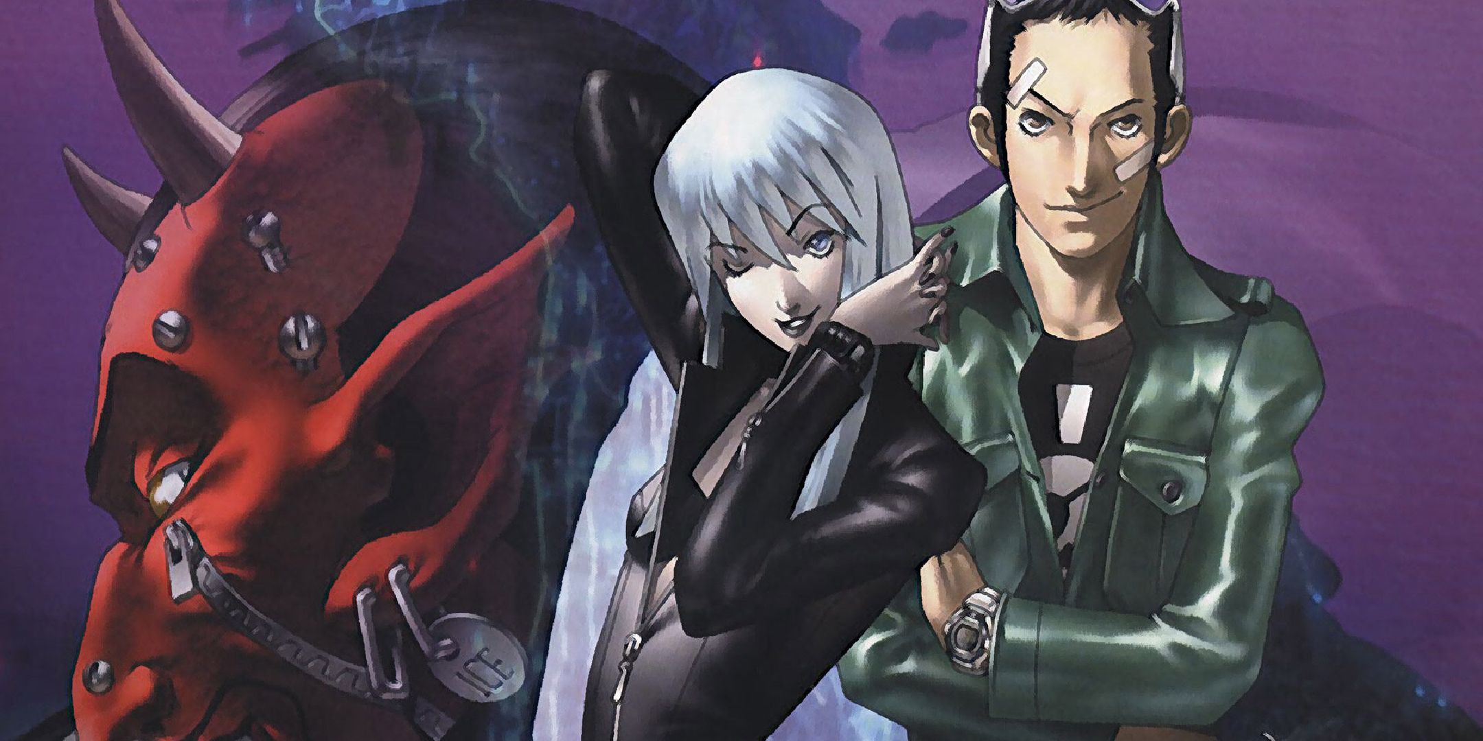Soul Hackers Nemisa and Protagonist with demon in the background.