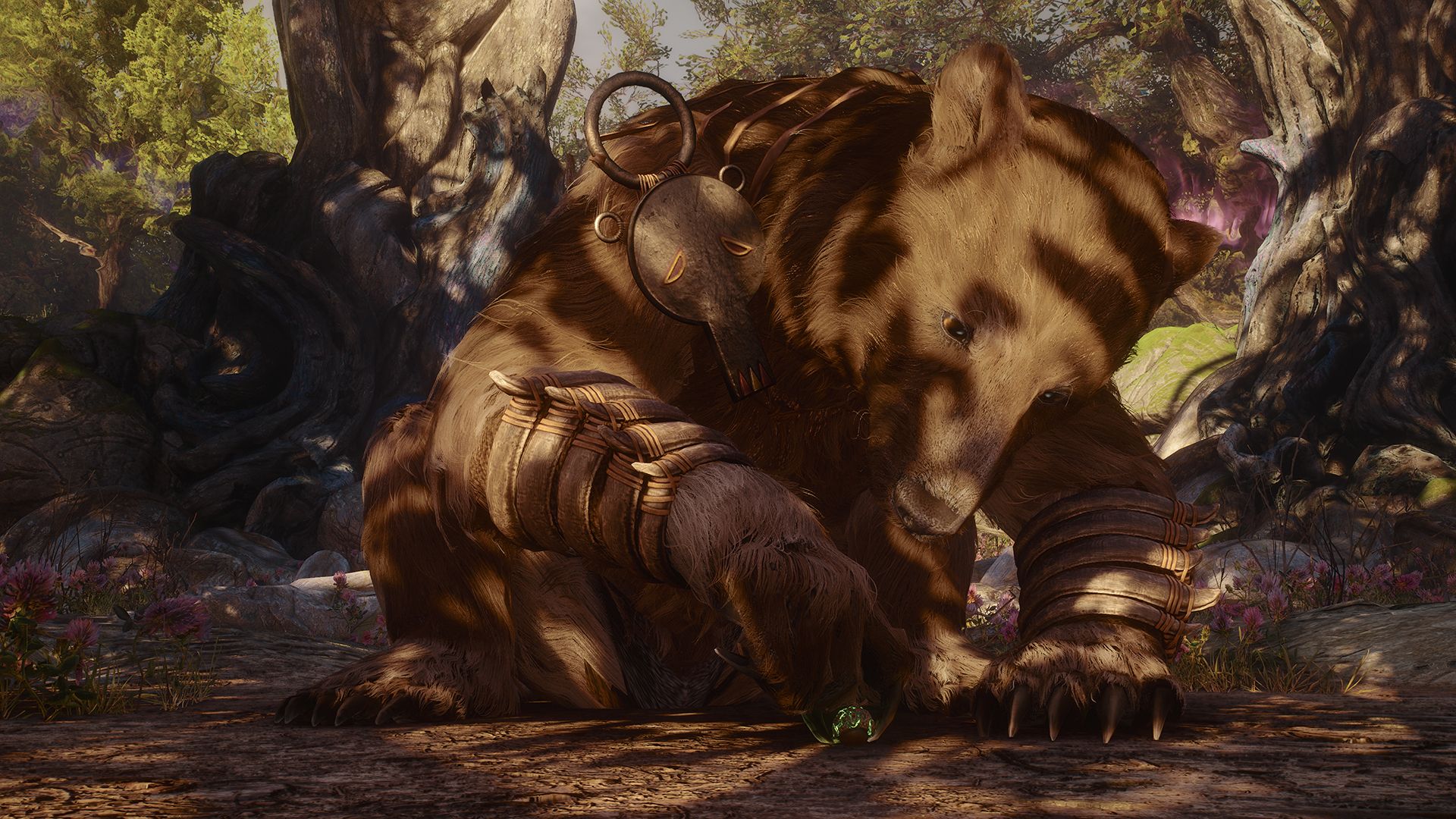 Bromius the bear with a seed in Soulframe.
