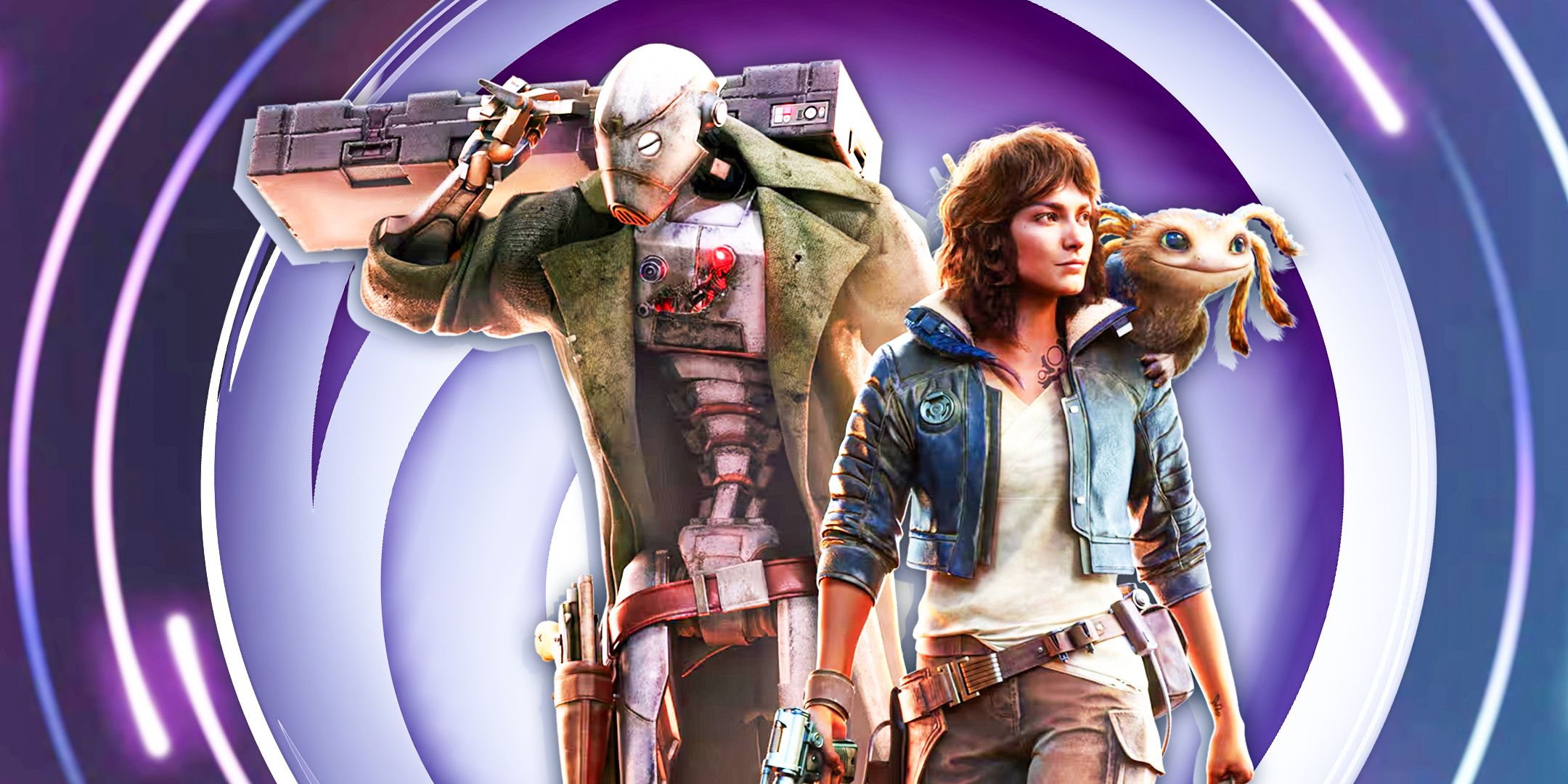 Kay Vess and her droid friend walking away from the Ubisoft logo.