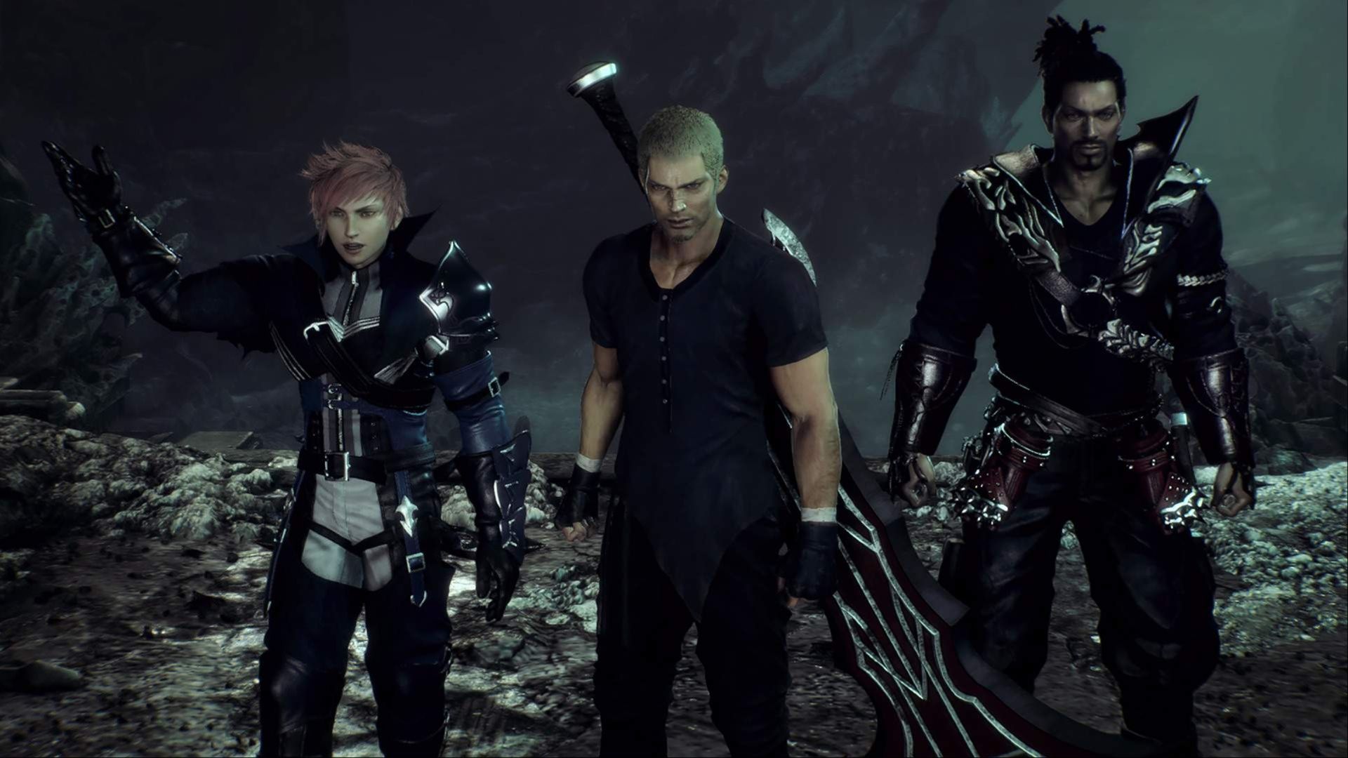(From Left to Right) Jed, Jack Garland, and Ash walking toward the camera in Stranger of Paradise Final Fantasy Origin.