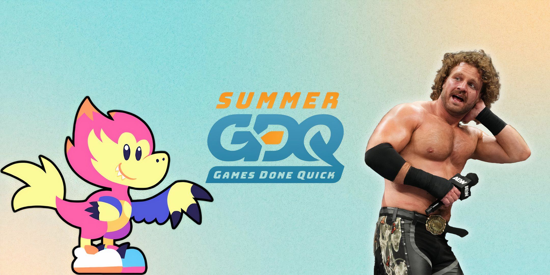 A graphic featuring new AEW Champion 'Hangman' Adam Page and Velocity, the GDC mascot. 