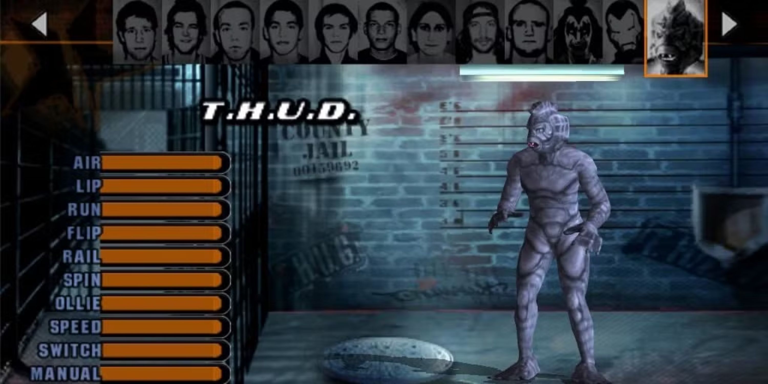 T.H.U.D. stands on the character select screen from Tony Hawk's Underground.