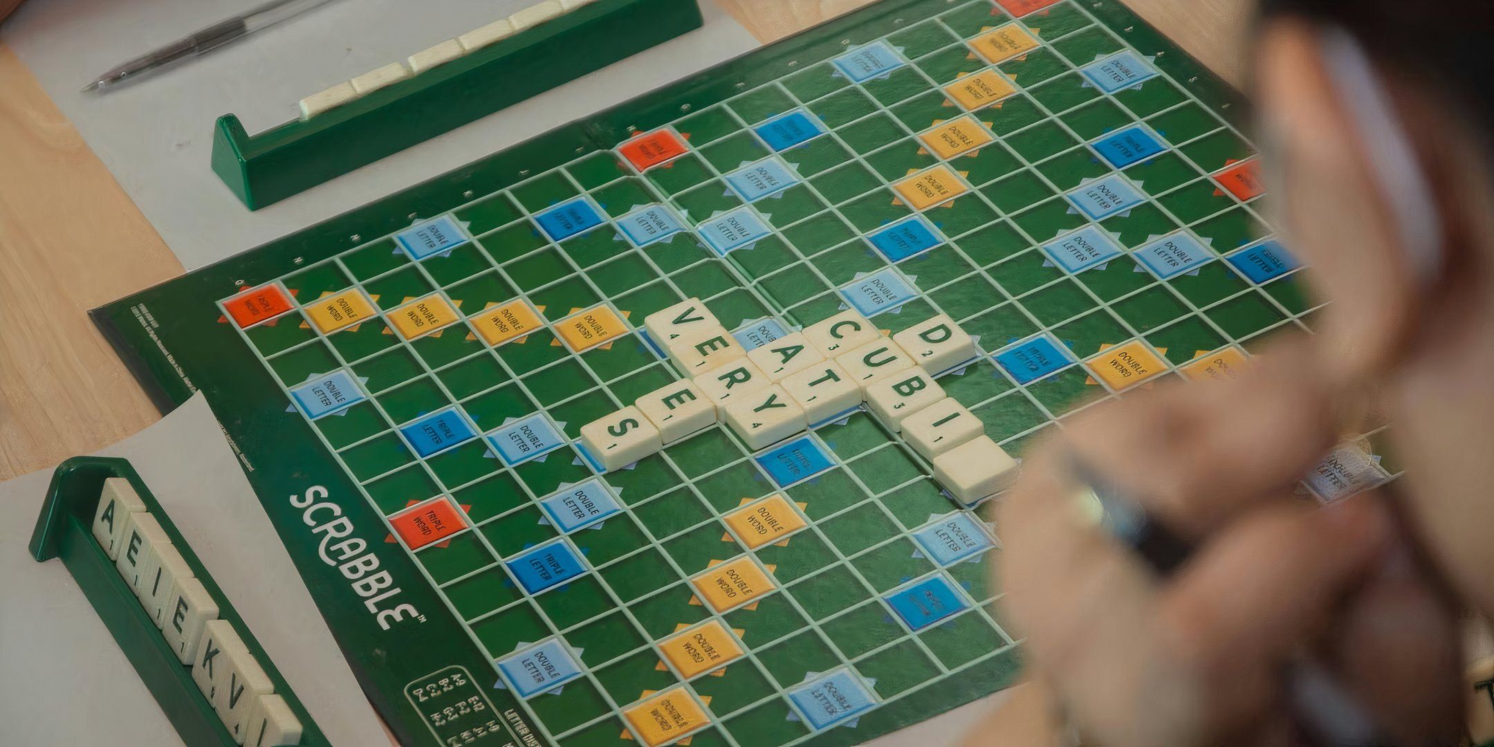 The board for a game of Scrabble.