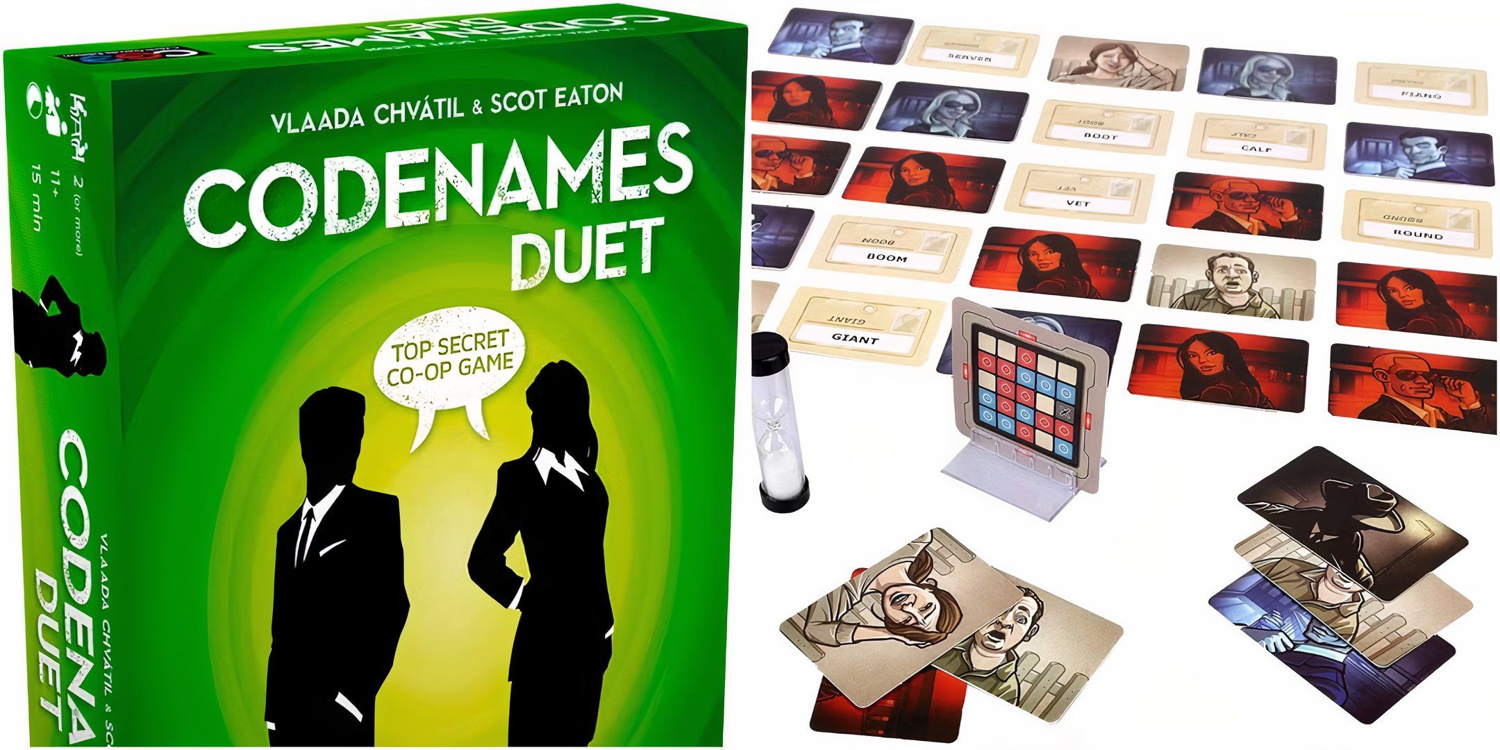 The box art for Codenames Duet and the board.