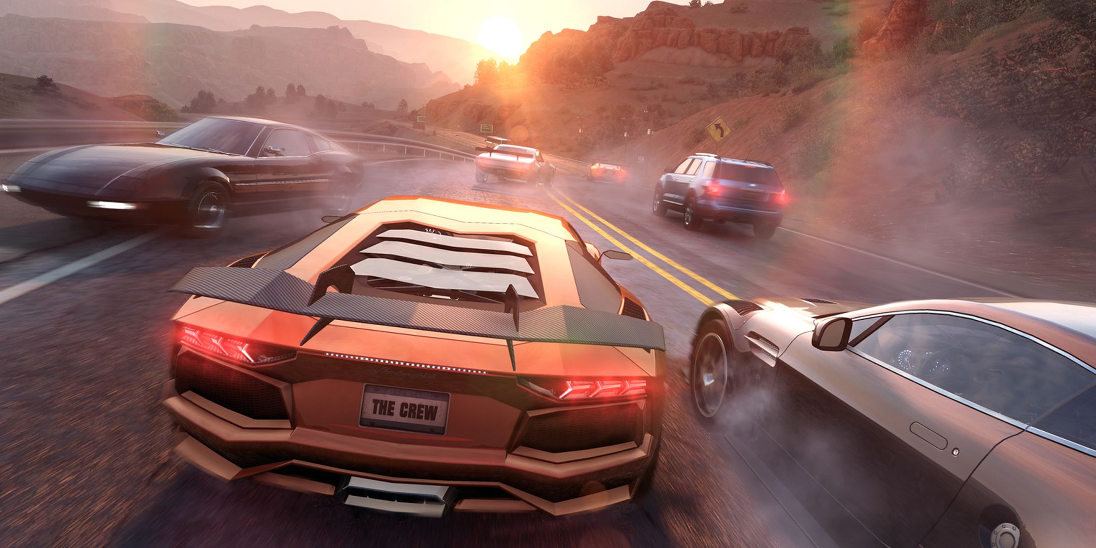 The Crew screenshot of several cars racing into oncoming traffic.