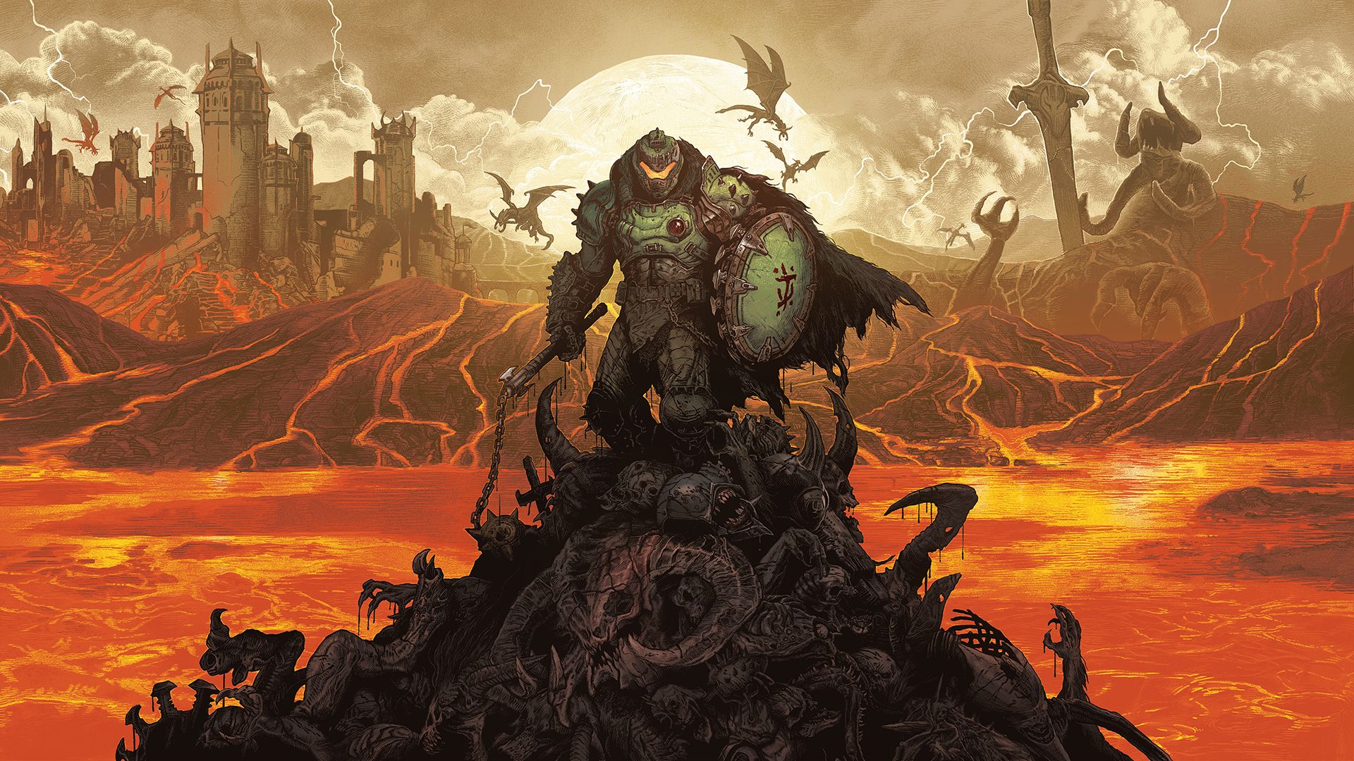 The Doom Slayer from Doom the Dark Ages in an illustrated style