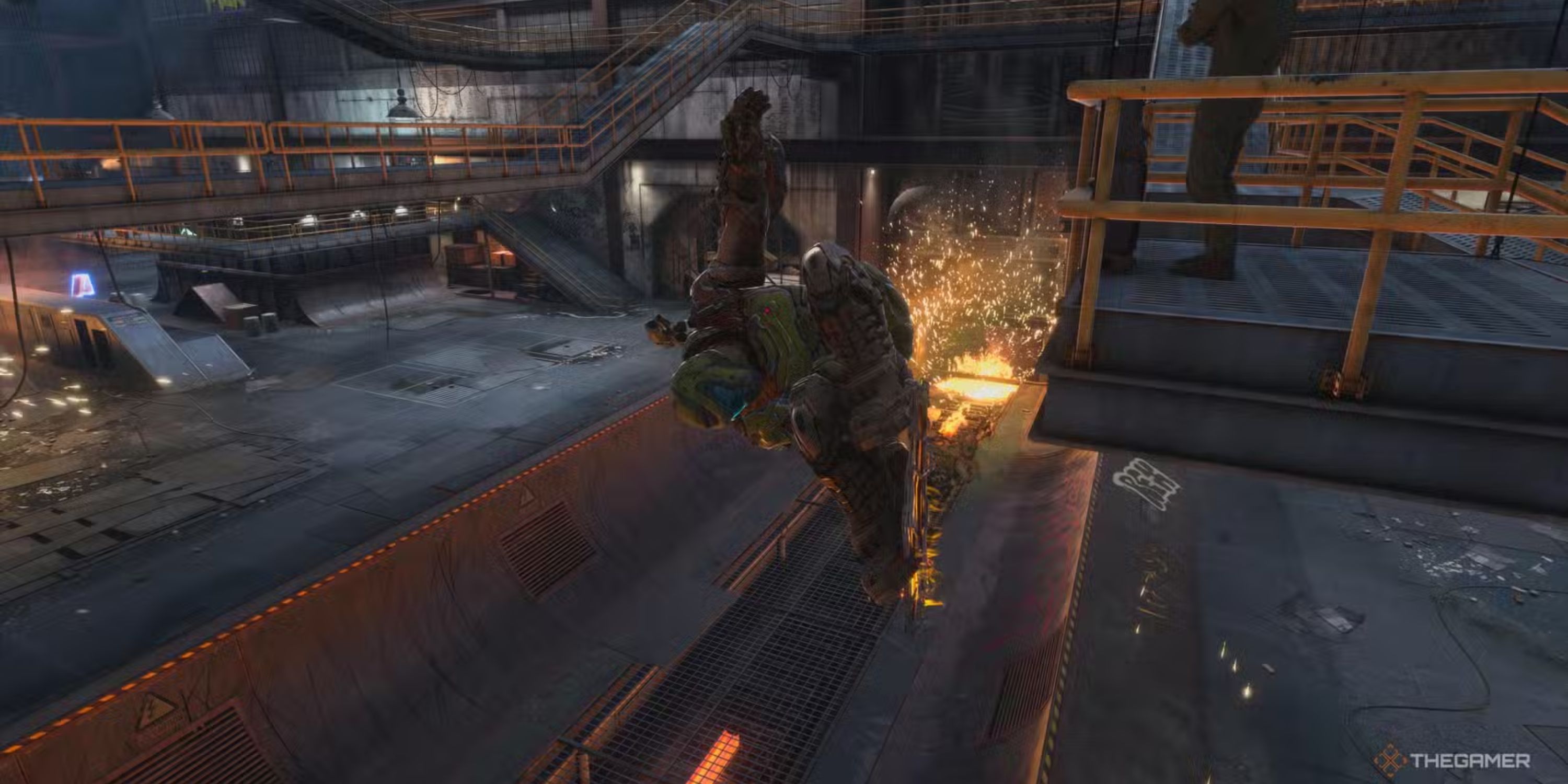 The Doom Slayer melons off a ramp in the Foundry in Tony Hawk's Pro Skater 3+4.-1