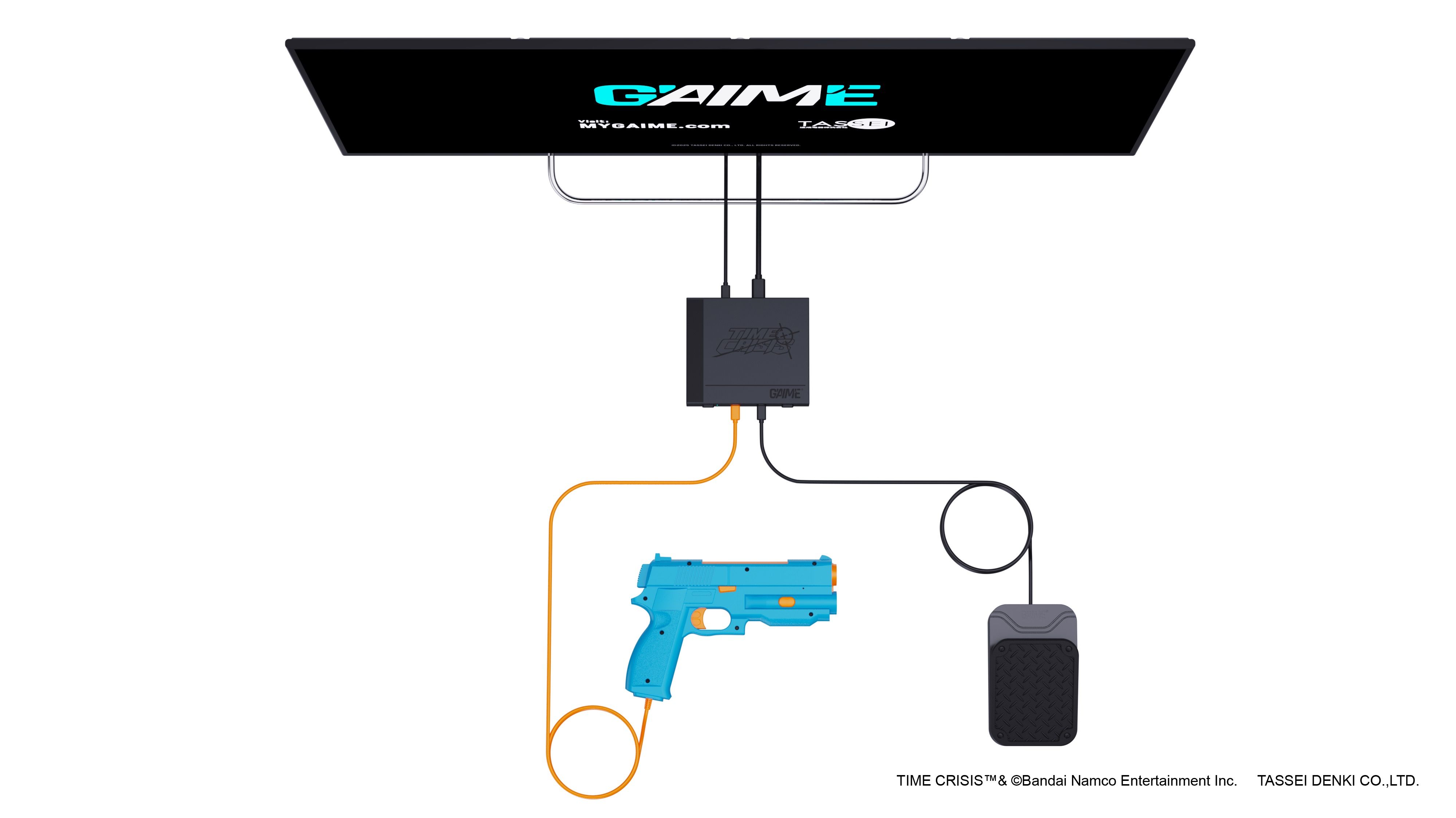 The Gaime plug and play gun setup beside a TV.