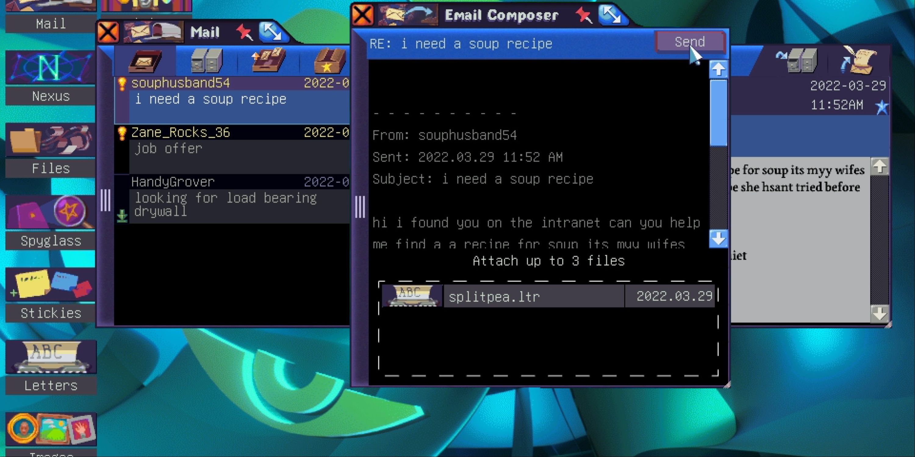 The interface of the internet in Dreamsettler with the player composing an email for split pea soup.