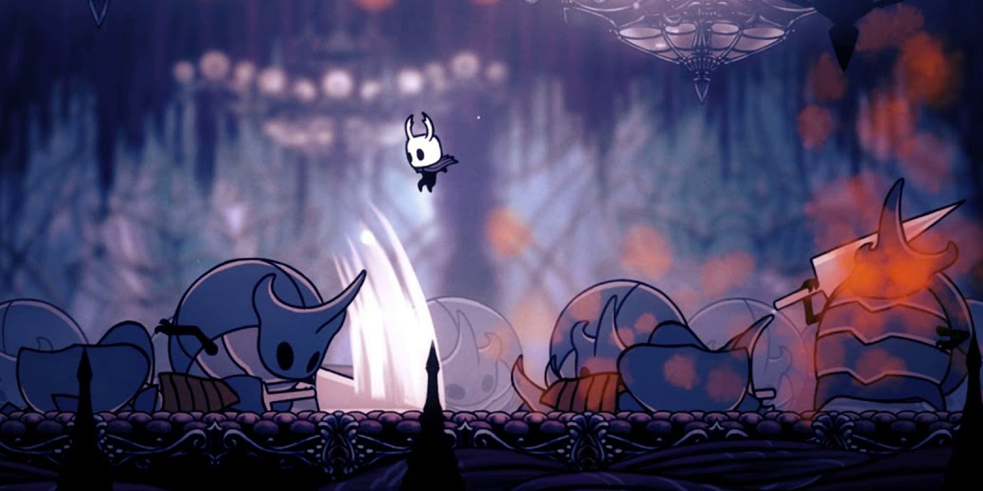 The Knight leaps at the Watcher Knight in Hollow Knight.