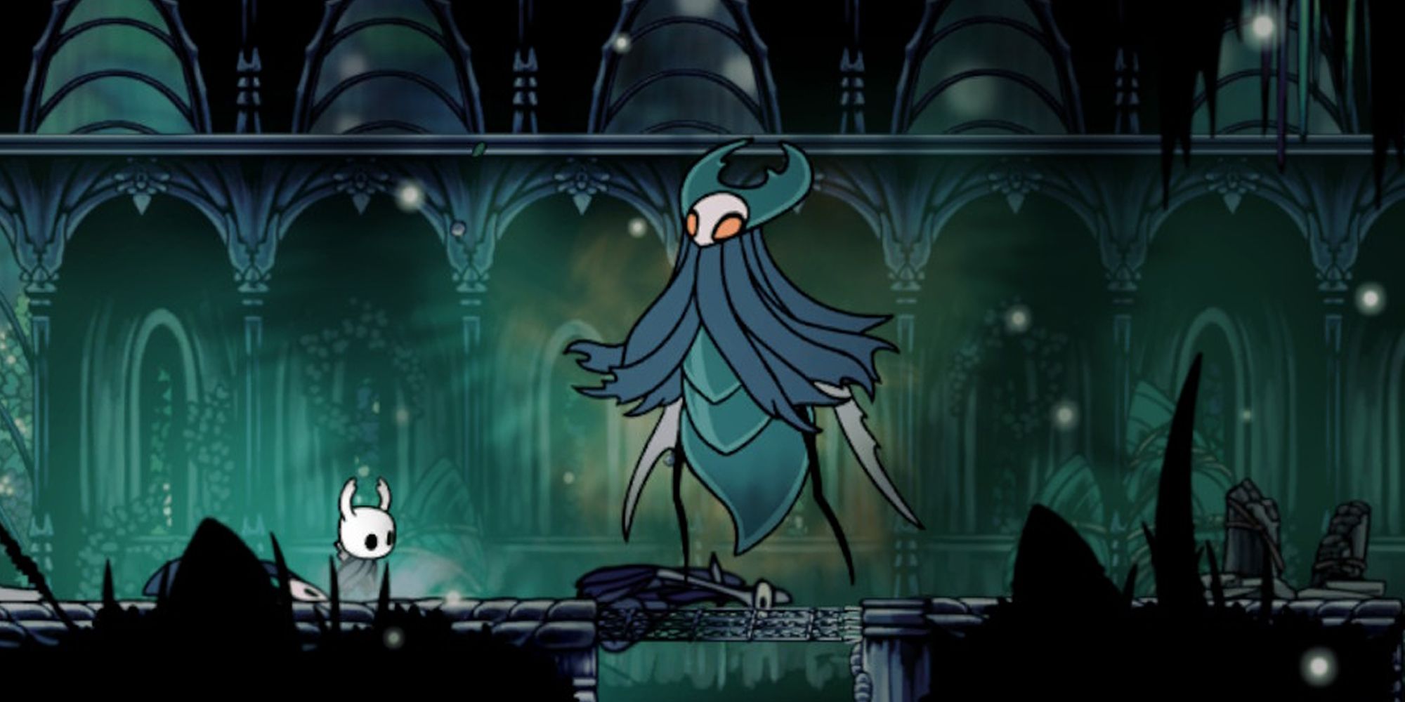 The Knight meets the Traitor Lord in Hollow Knight.