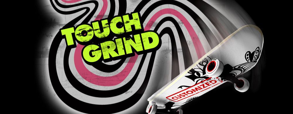 The logo for Touchgrind with black and pink swirls behind a skateboard.