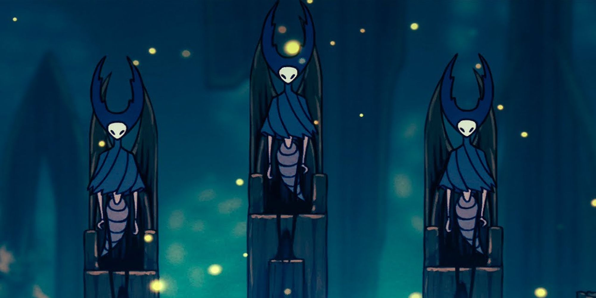 The Mantis Lords on their thrones in Hollow Knight.