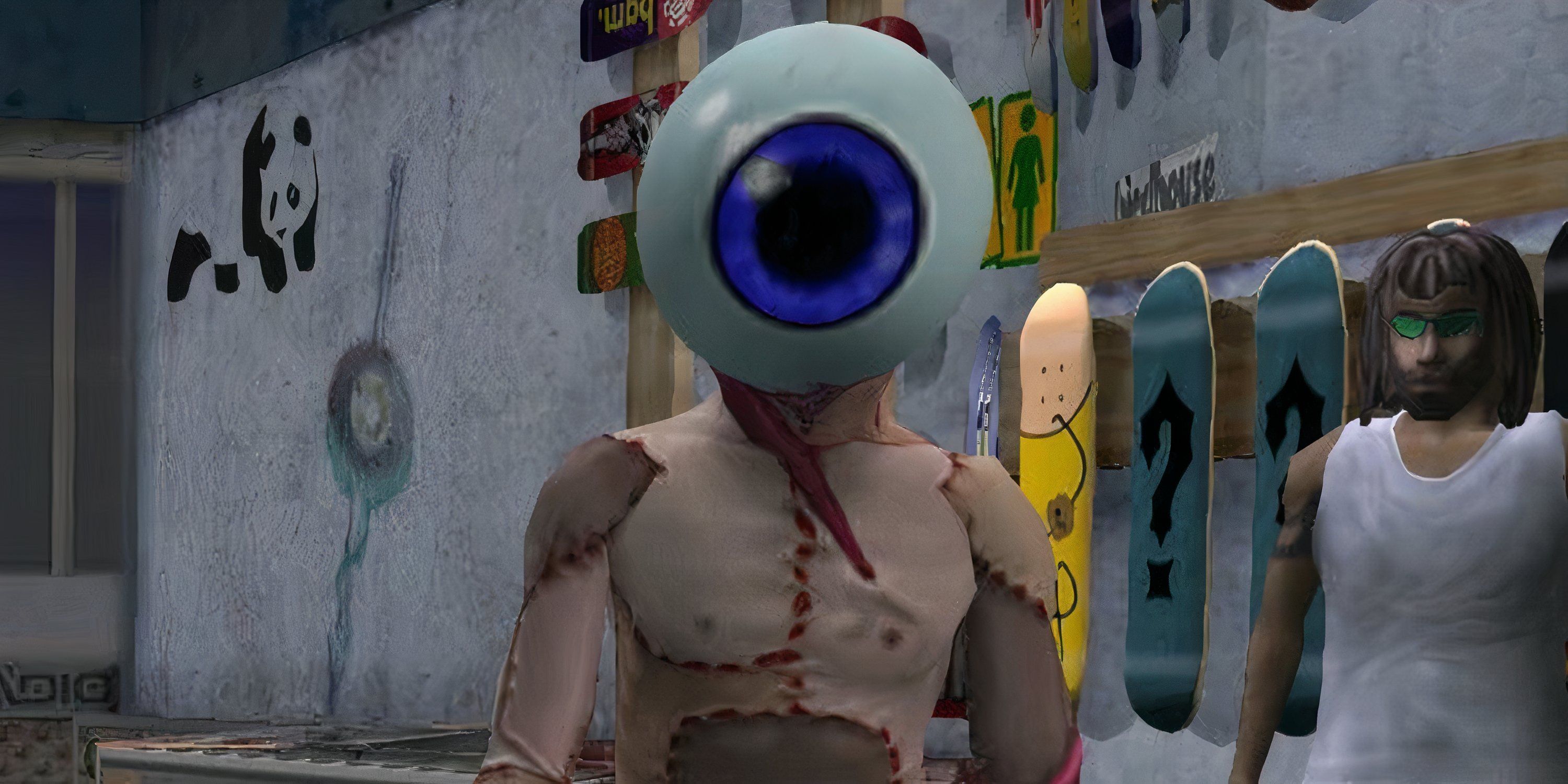 The Neversoft Eyeball stands in a skate shop in Tony Hawk's Pro Skater 3.