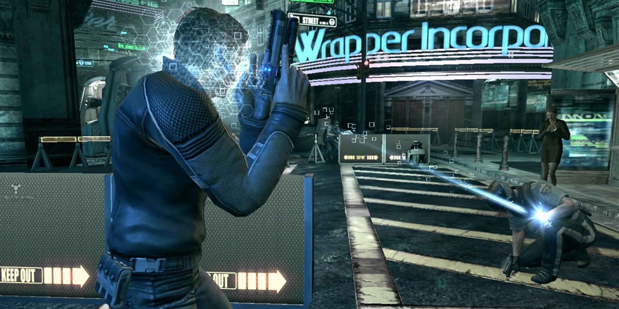 The protagonist from Mindjack, jacking the mind of a security guard.