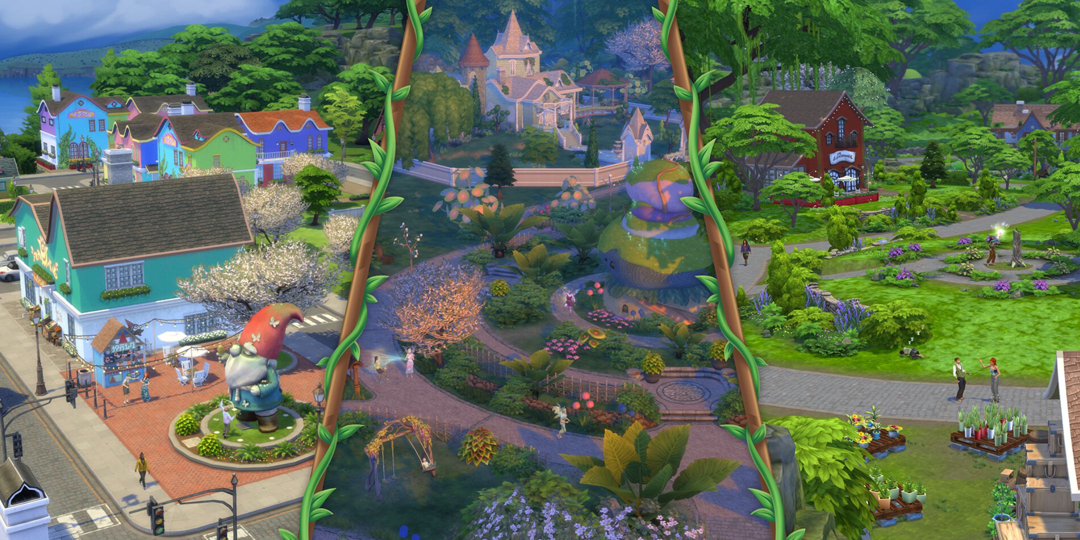 The Sims 4 enchanted by nature collage of 3 innisgreen neighbourhoods.
