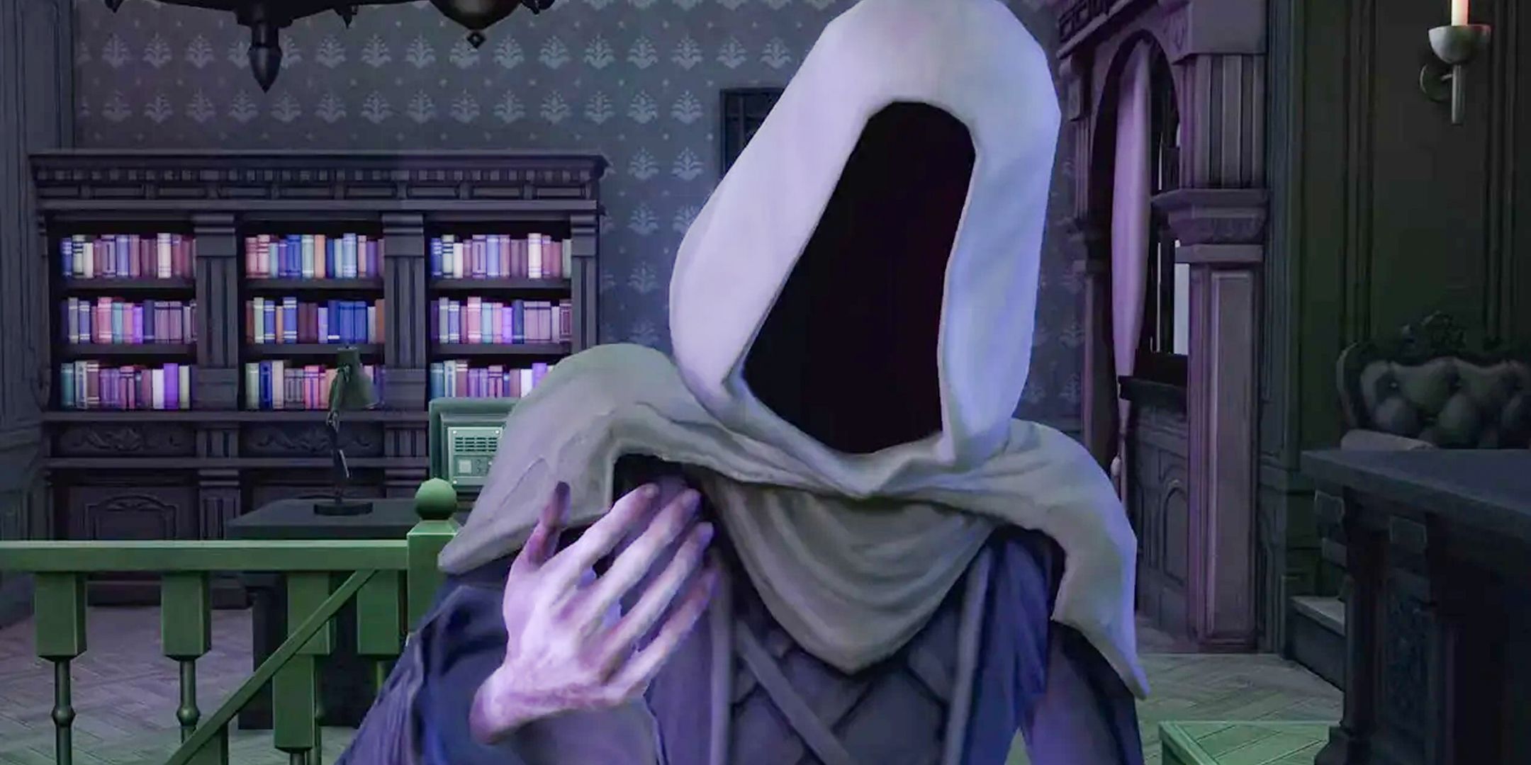 The Sims 4 grim reaper tilting his head in a creepy manor.