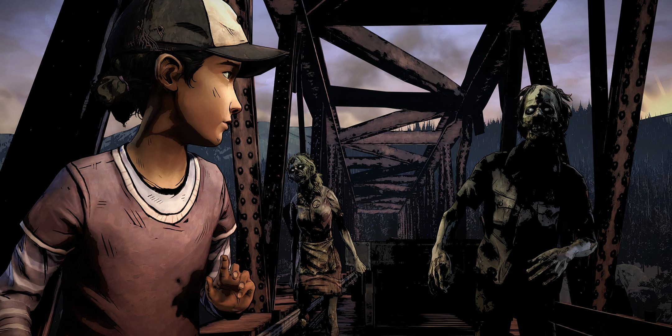 Clementine gets stalked by two walkers on a bridge in The Walking Dead.