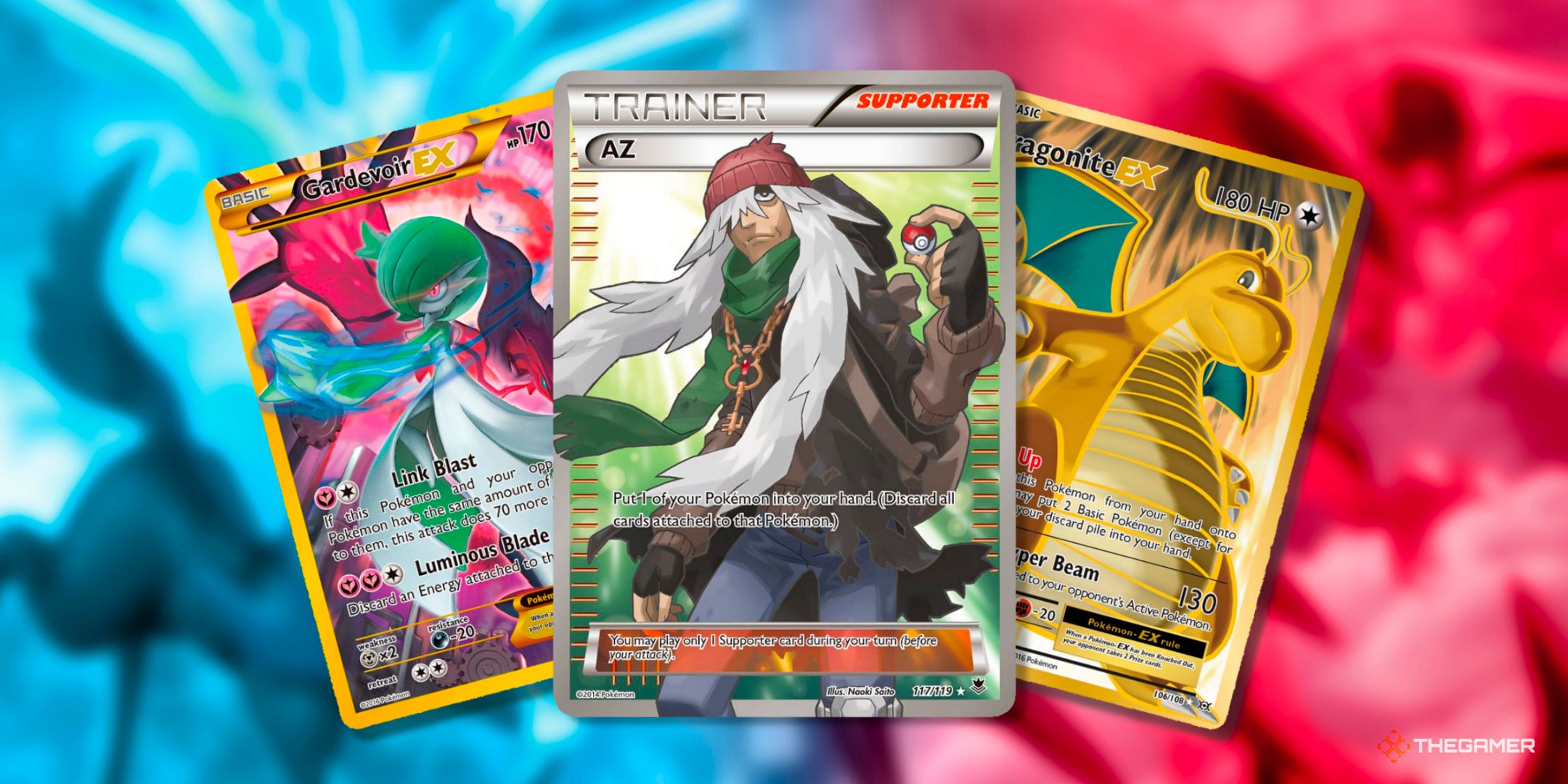 Three cards featuring Gardevoir EX (Secret Rare, 116), AZ (Ultra Rare, 117) and Dragonite EX (Full Art, 106) from the XY era of the Pokemon TCG.
