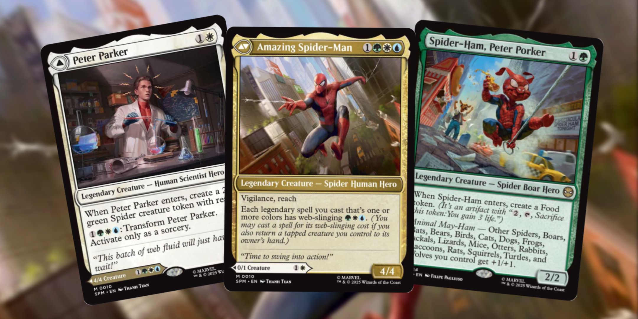 Three Magic-The Gathering cards depicting Spider-Man