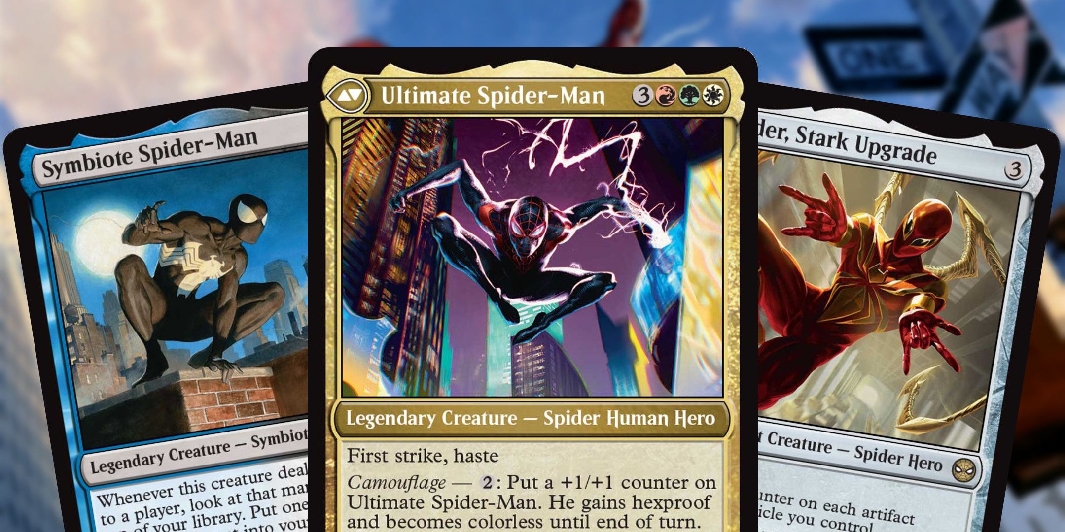 Three Spider-Man cards over the top of a blue sky