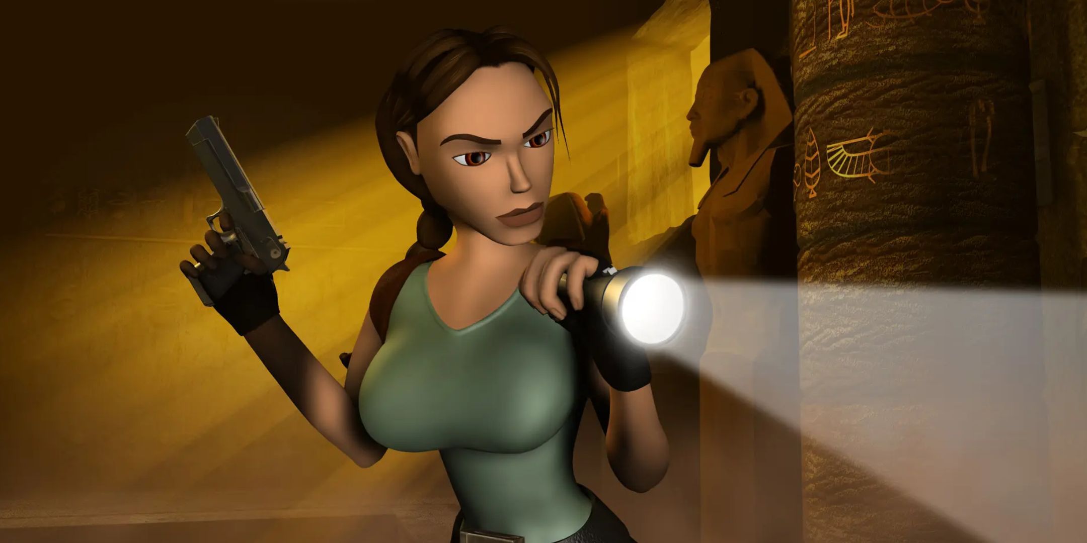 Lara Croft exploring a tomb. She is holding a flashlight at a pistol.