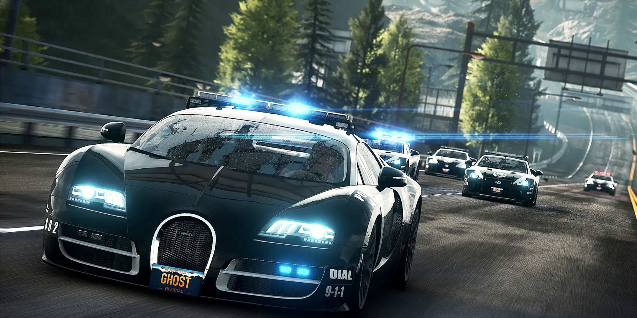 Troupe of police cars with their lights on chasing an unseen target on the highway in Need For Speed Rivals.