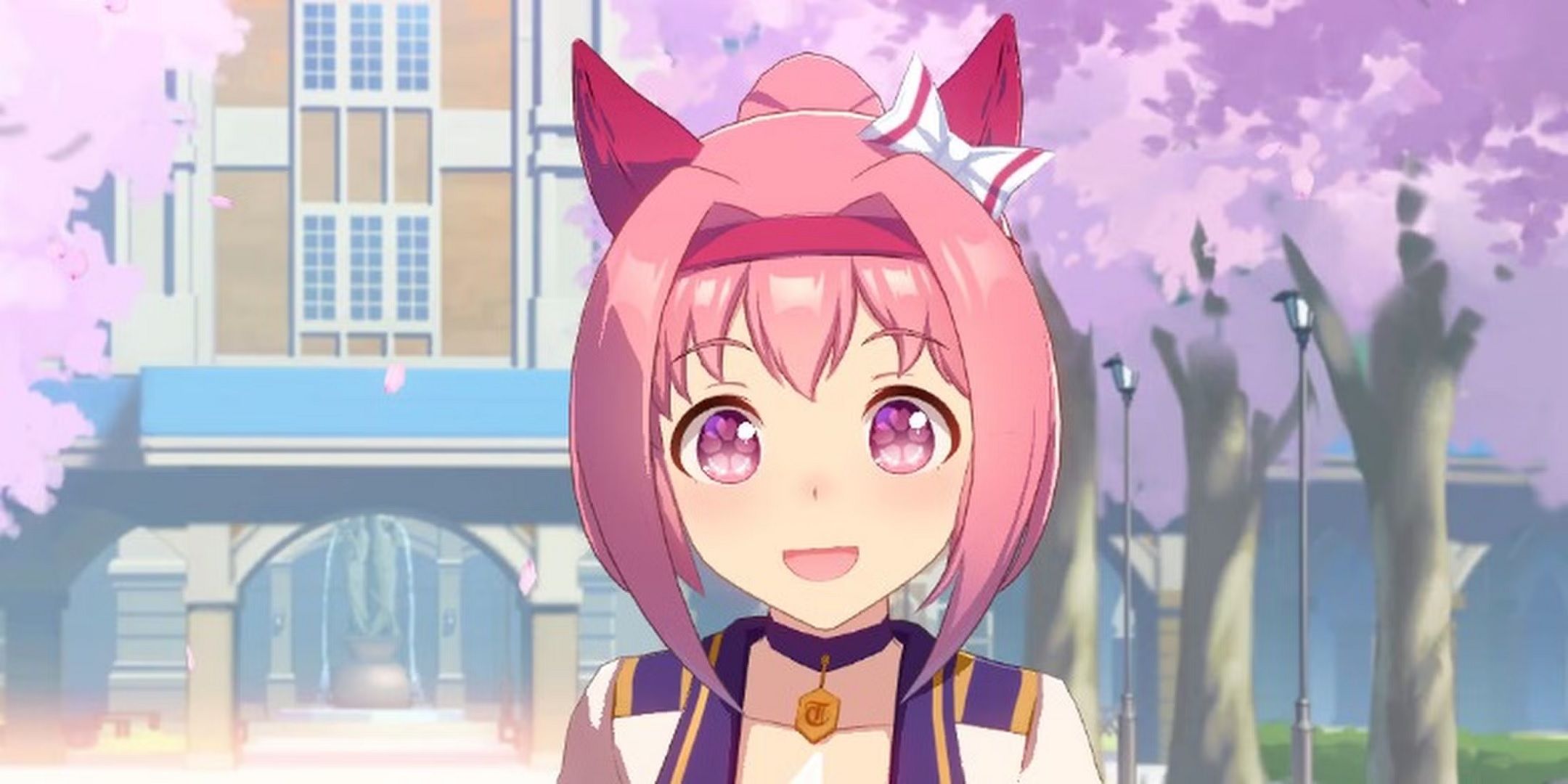 A picture of a pink haired anime girl with pink eyes. In the background, we can see cherry blossom. 