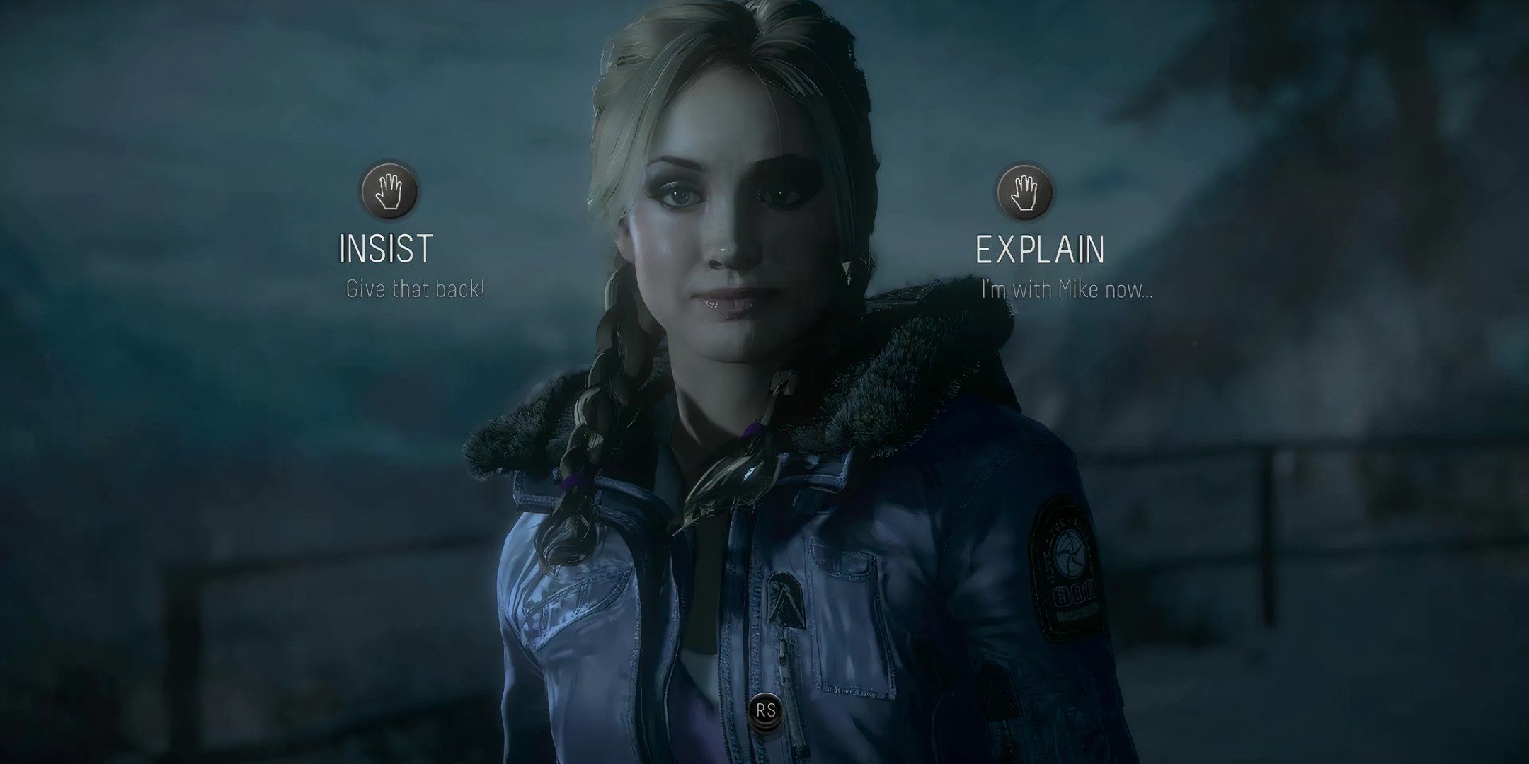 Emily is faced with making a choice of insisting on the left, and explaining she's with Mike on the right in Until Dawn.