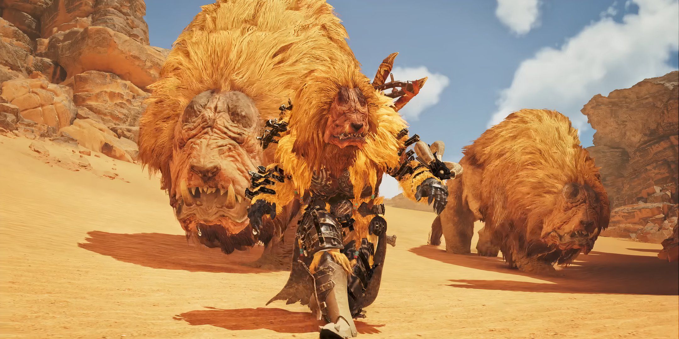 Monster hunter character wearing a doshaguma mask stalked by two doshaguma.