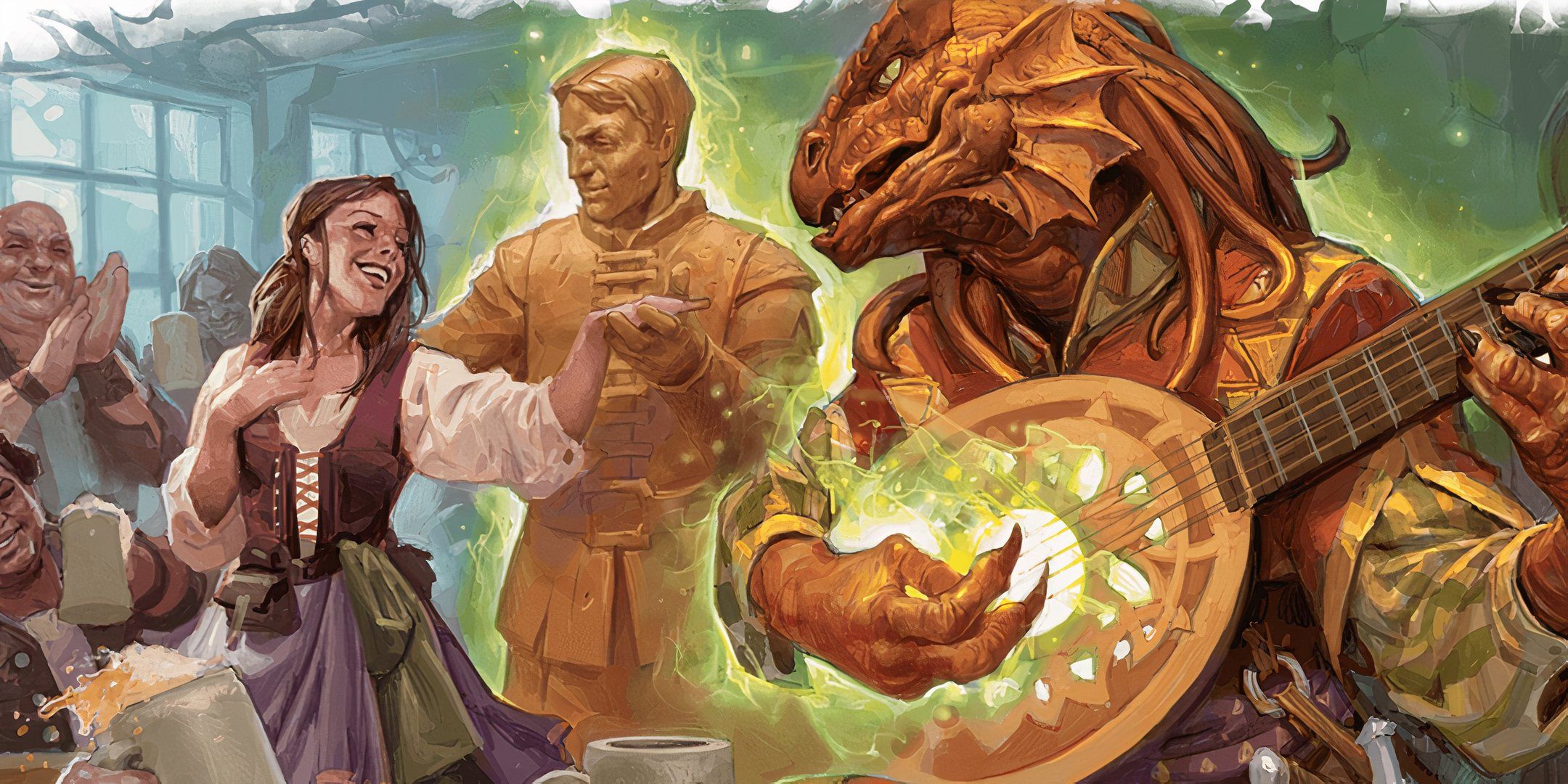 A dragonborn bard enchants a humanoid in Dungeons & Dragons.