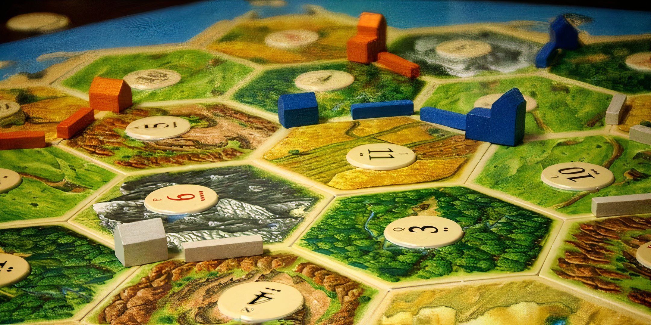 A close up of the Settlers of Catan board.