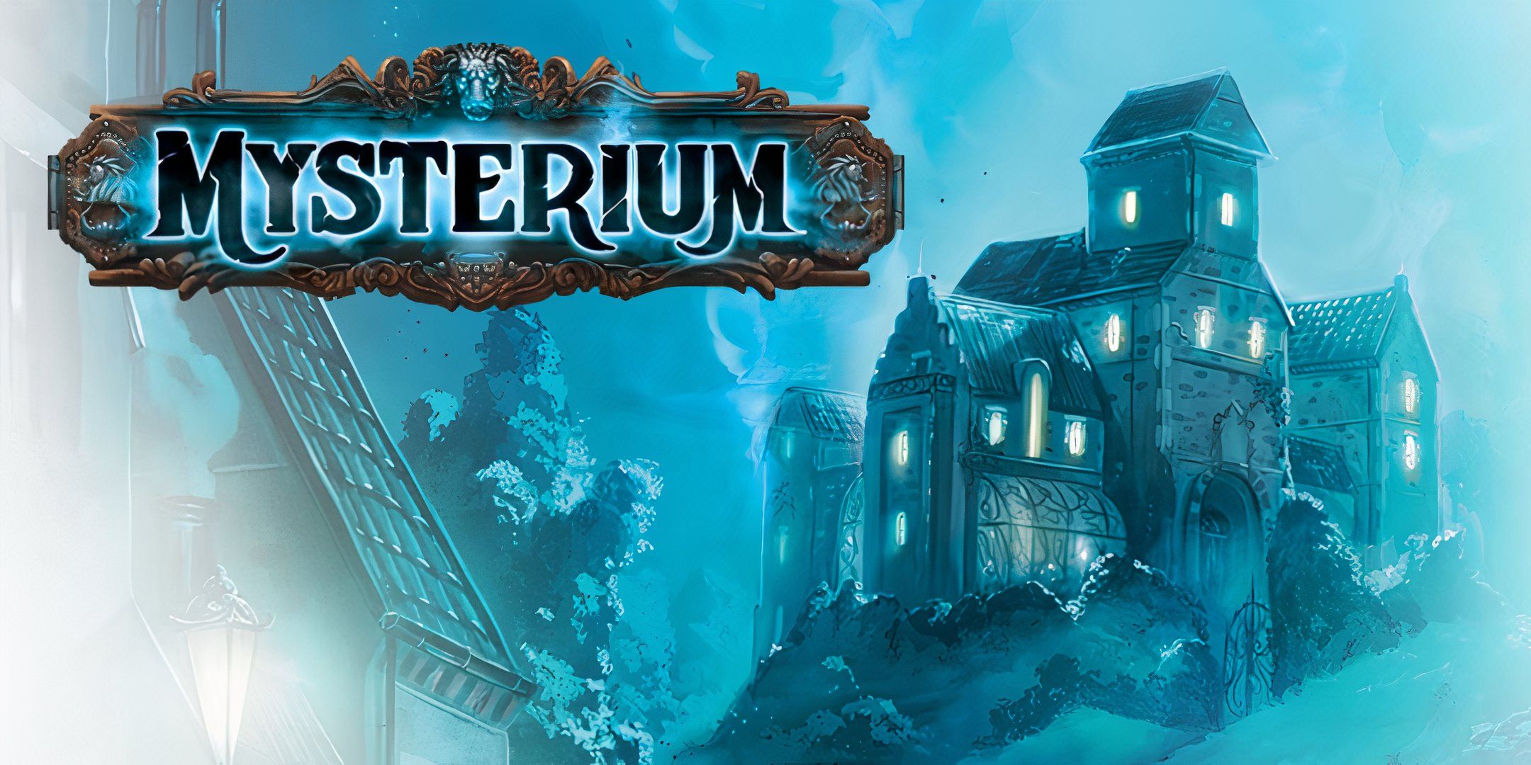 Best Cooperative Board Games an image for the board game Mysterium with the game's logo in the centre and a drawing of a haunted house in the background