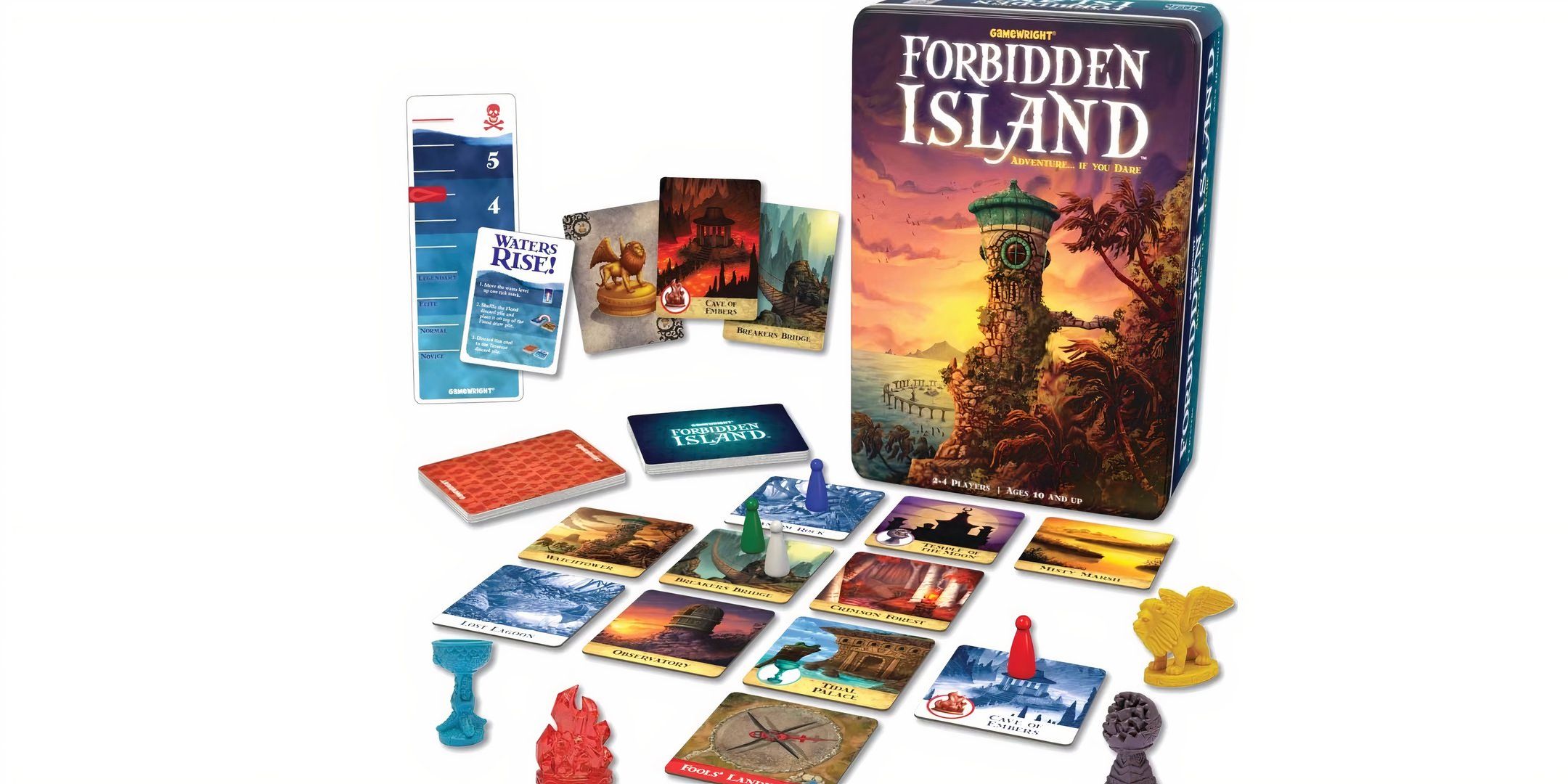 The box and pieces for the board game Forbidden Island.