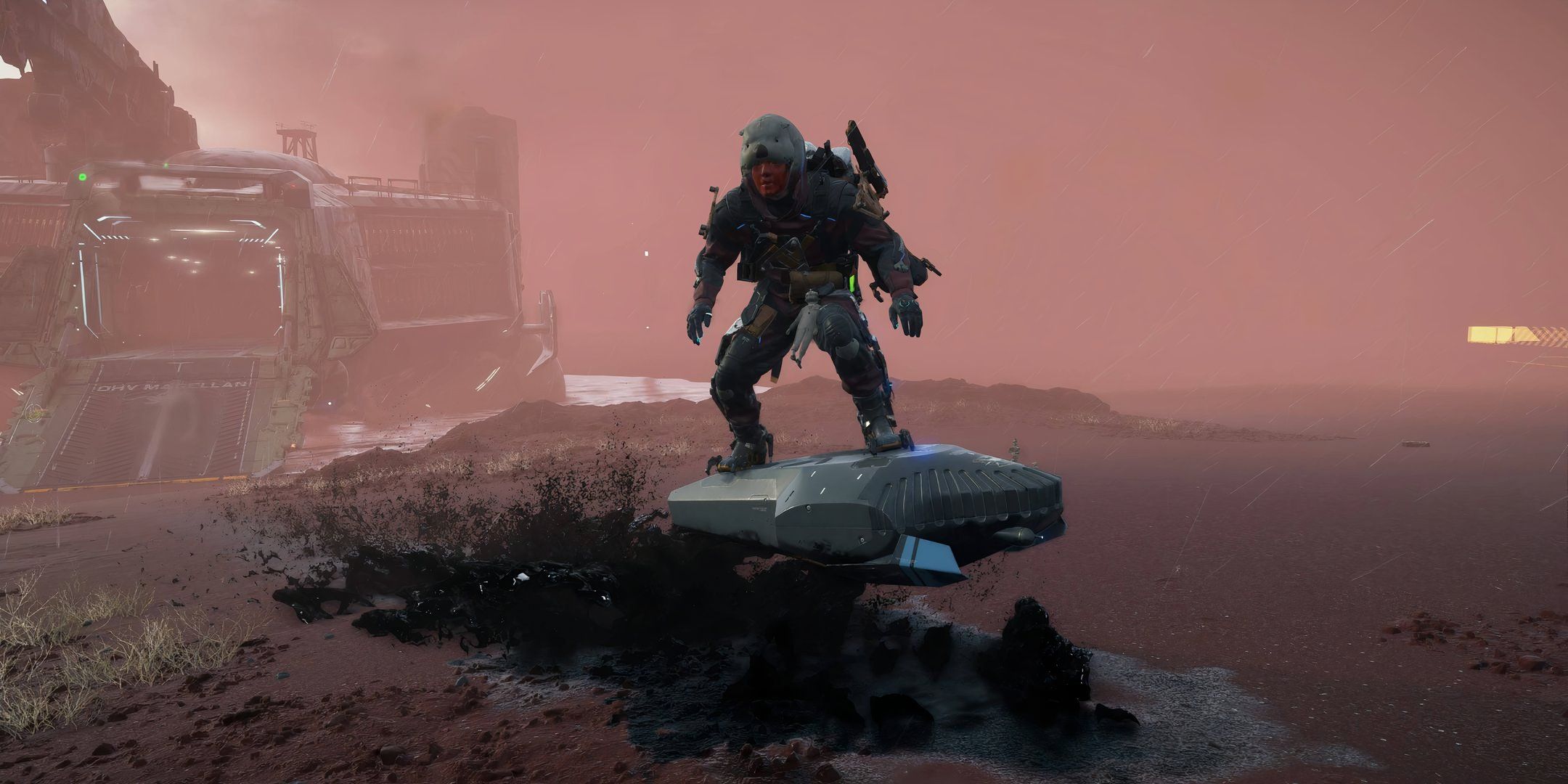 Sam surfing on a coffin board in Death Stranding 2.